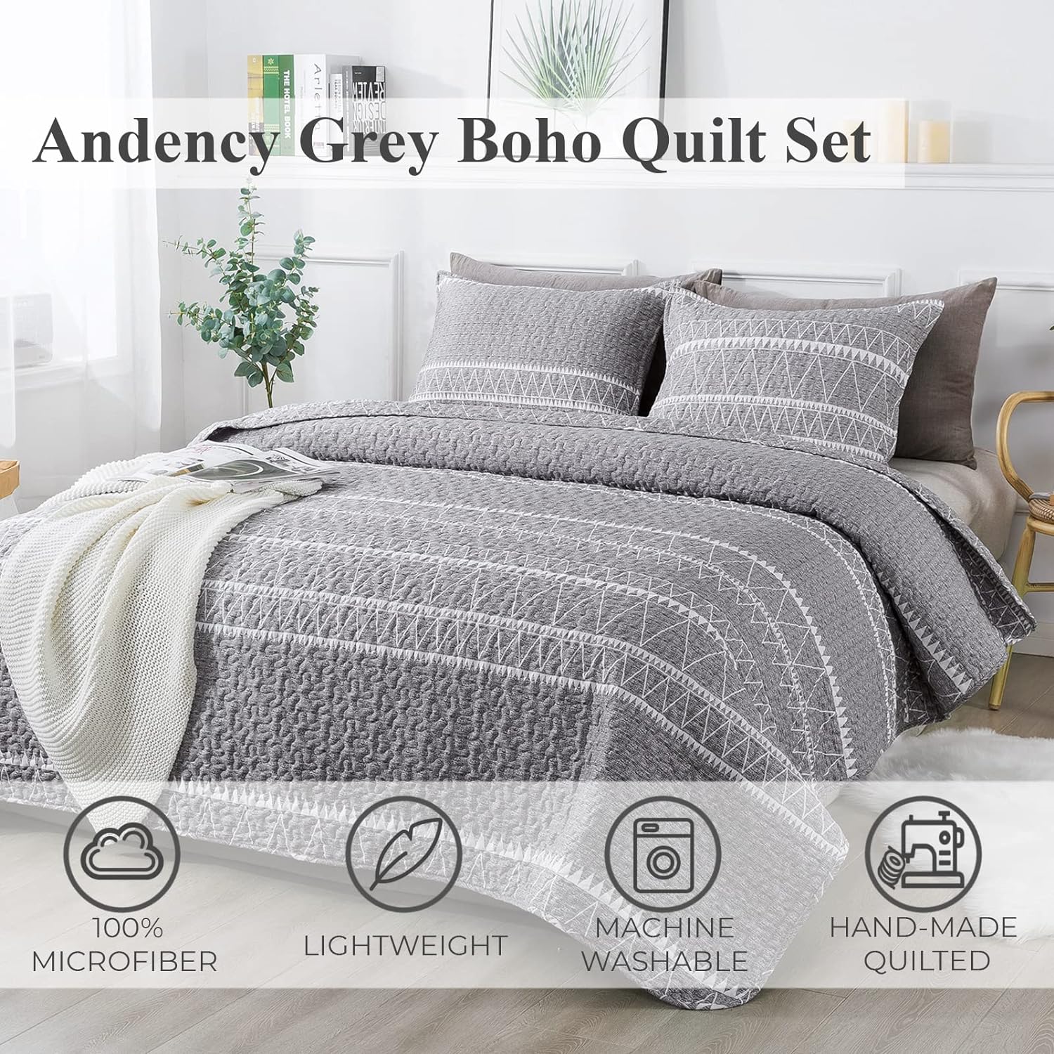 Andency Grey Boho Quilt Set 3Pcs Queen Size