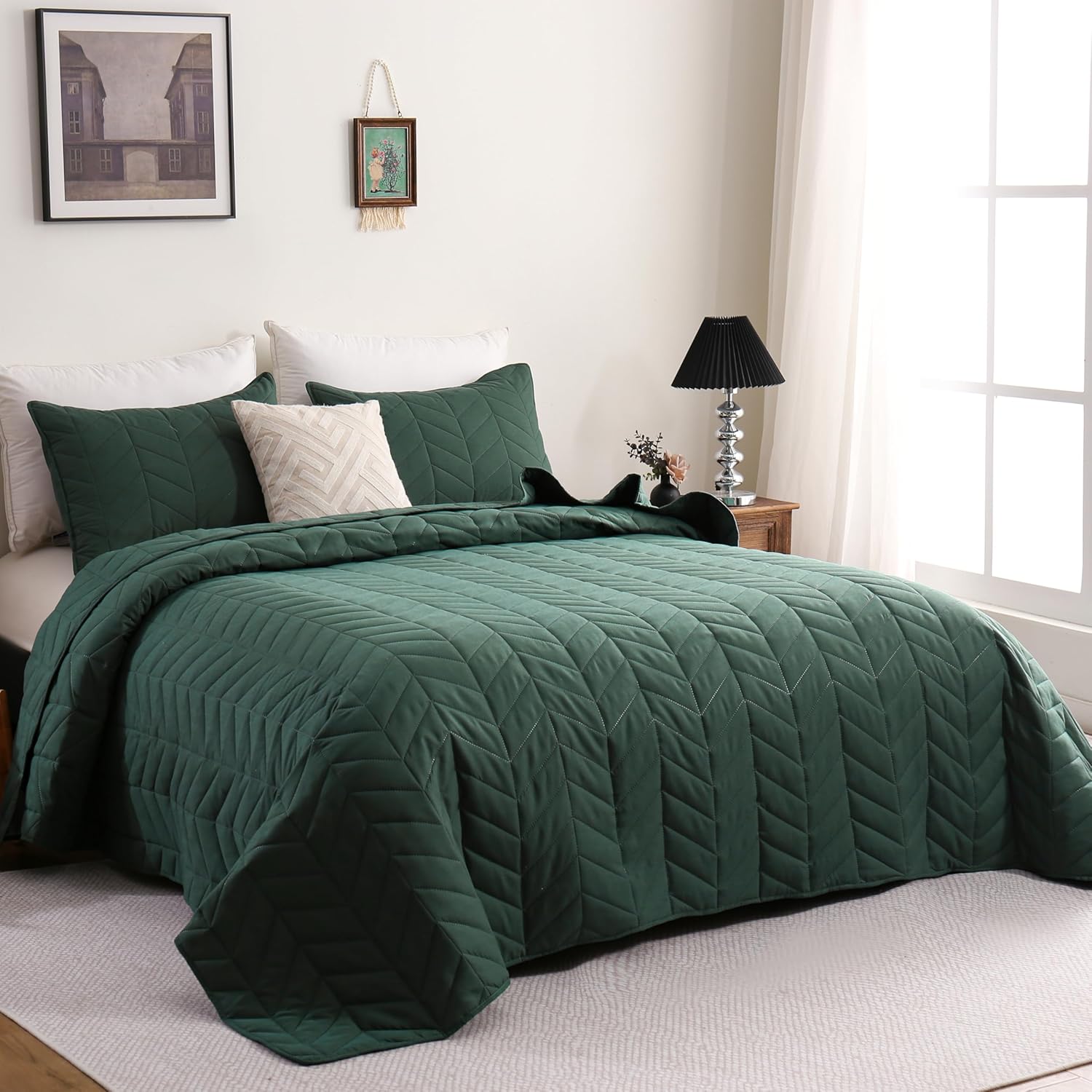 DOWNCOOL King Quilt Bedding Set with Leaf Texture