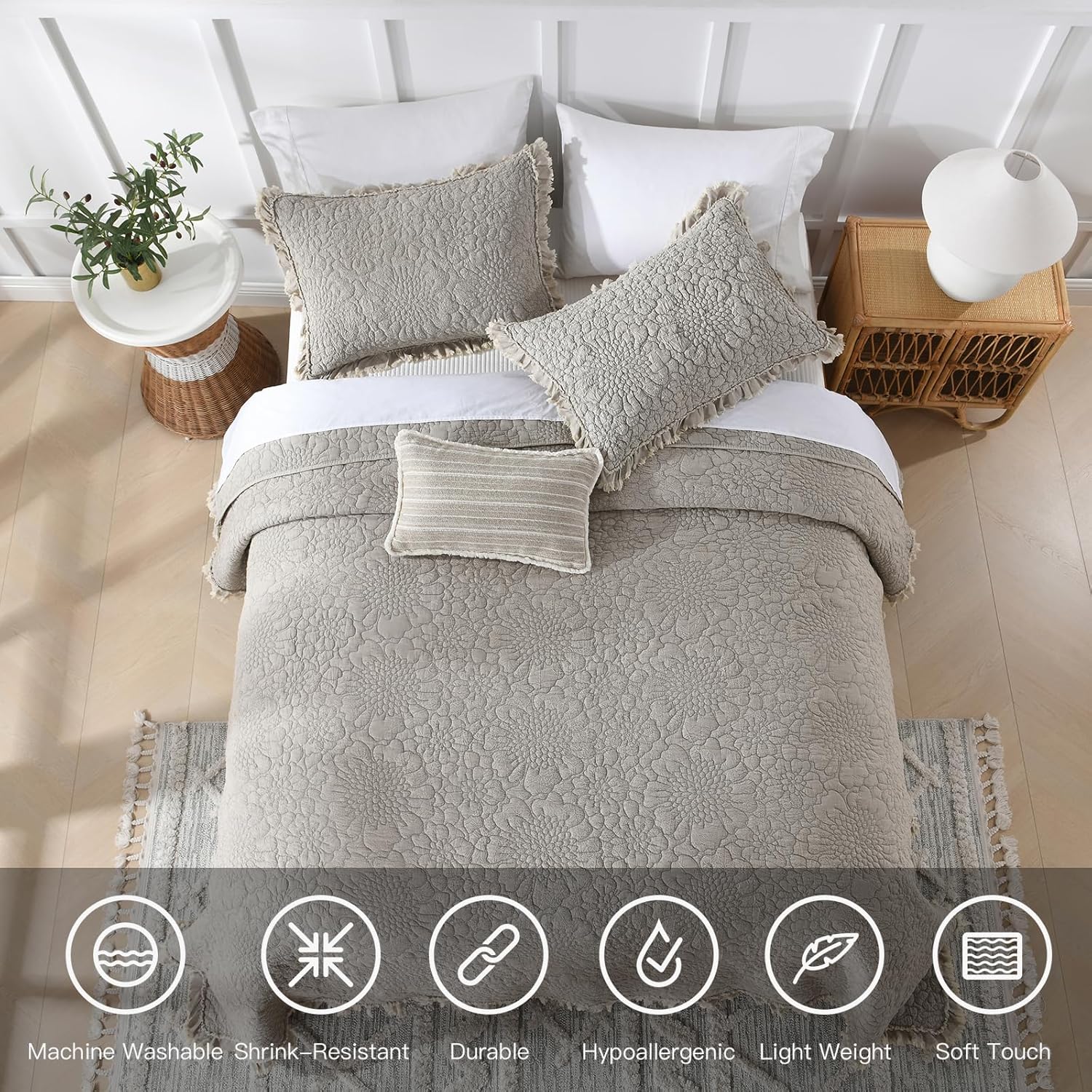 HORIMOTE HOME Beige Ruffled Quilt Set King Size 3 Pieces