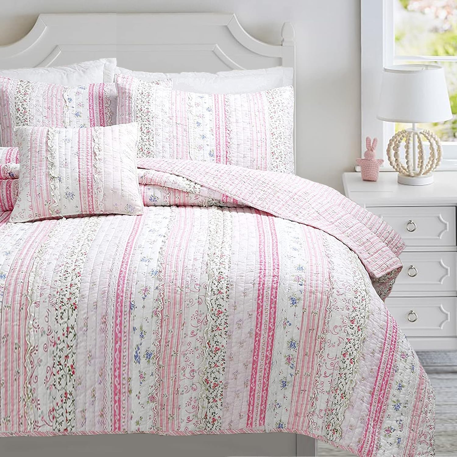 Cozy Line Pink Flower Lace Ruffle Stripe Quilt Bedding Set
