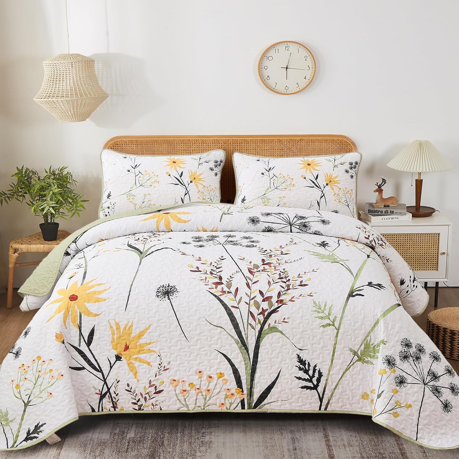 Dobuyly Sage Green Botanical Quilt Set Queen Size