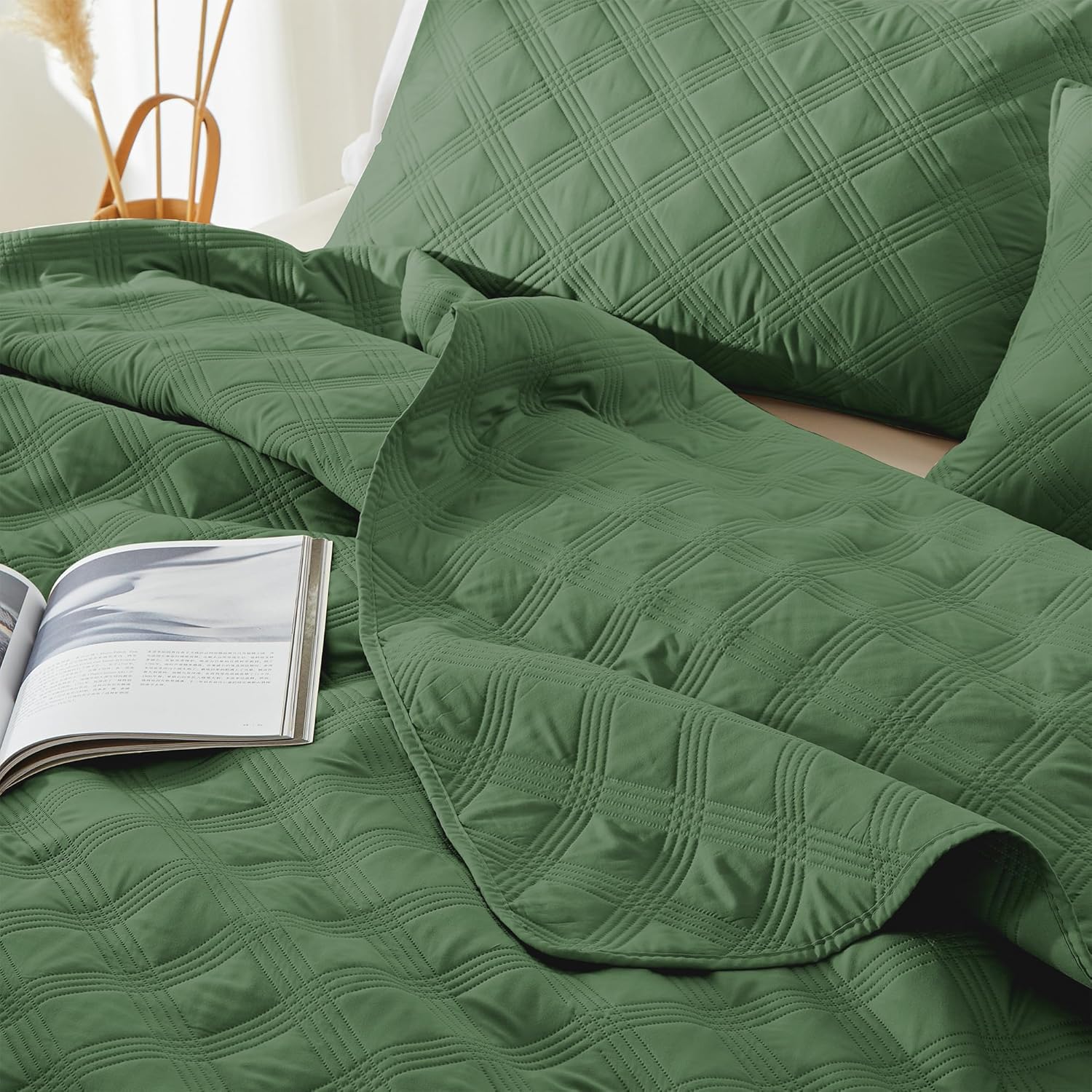 Inron King Size Quilt Set Olive Green Microfiber