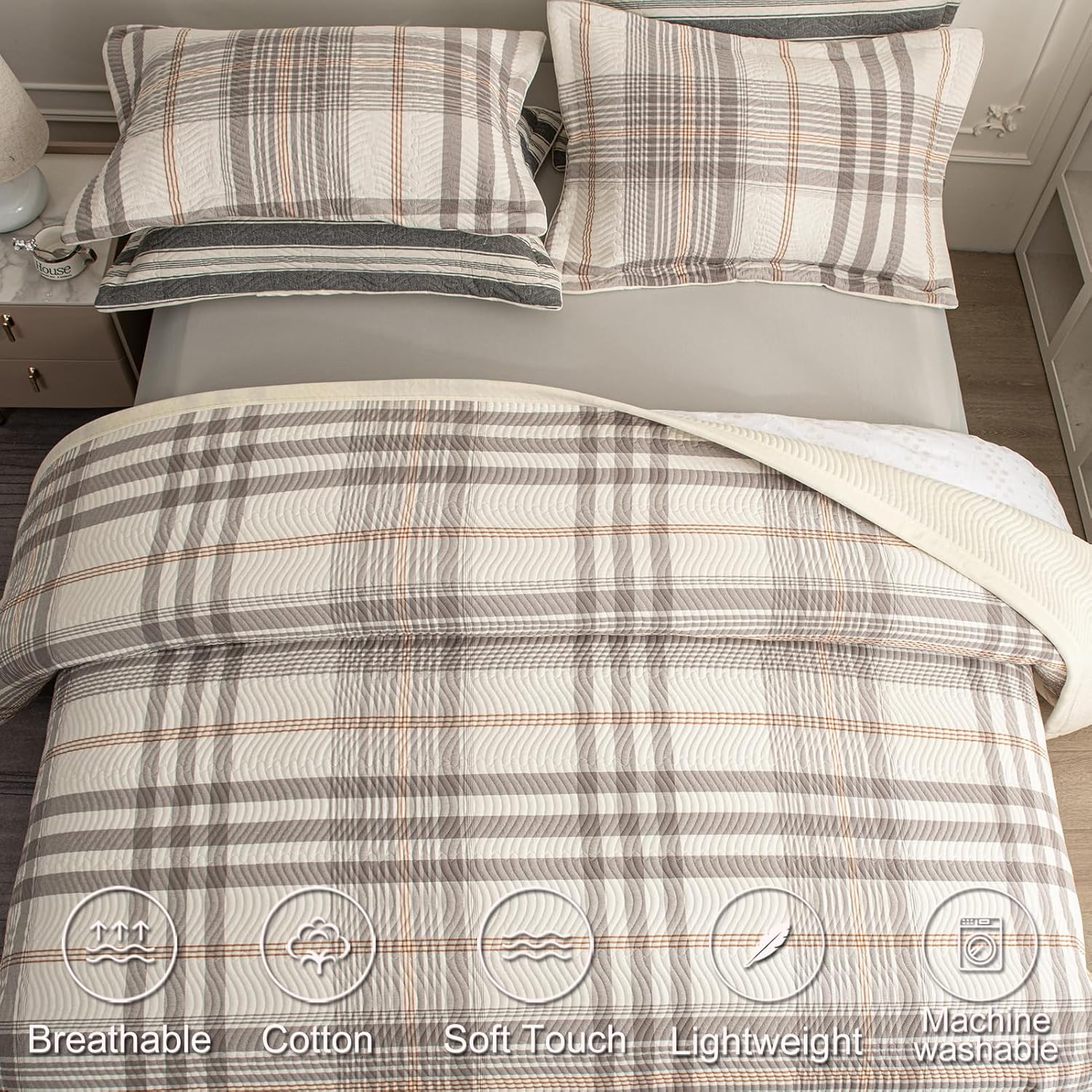 Tohrisa Cotton Plaid Quilt Set - 3 Piece King Size Reversible Bedding