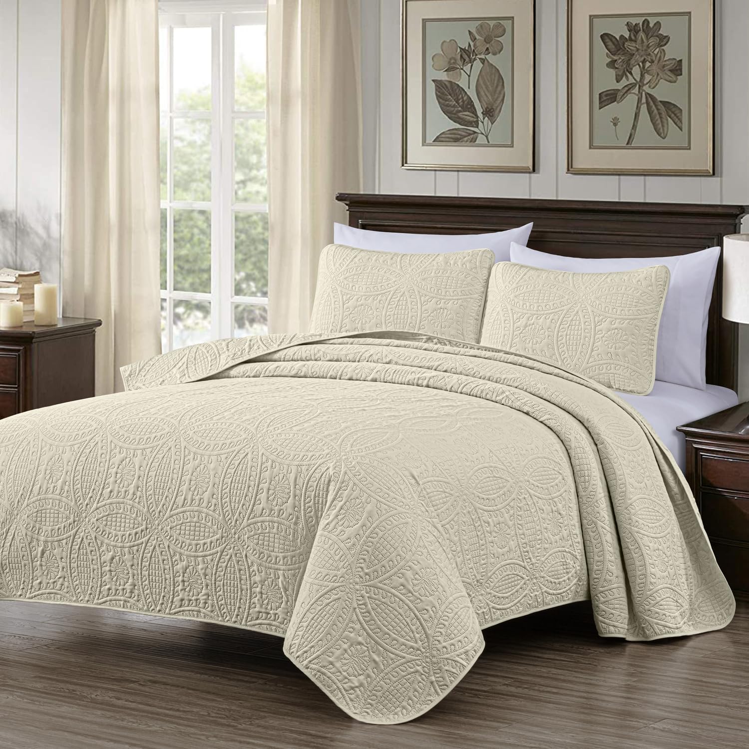Chezmoi Austin 3-Piece Oversized Bedspread Set Queen Ivory
