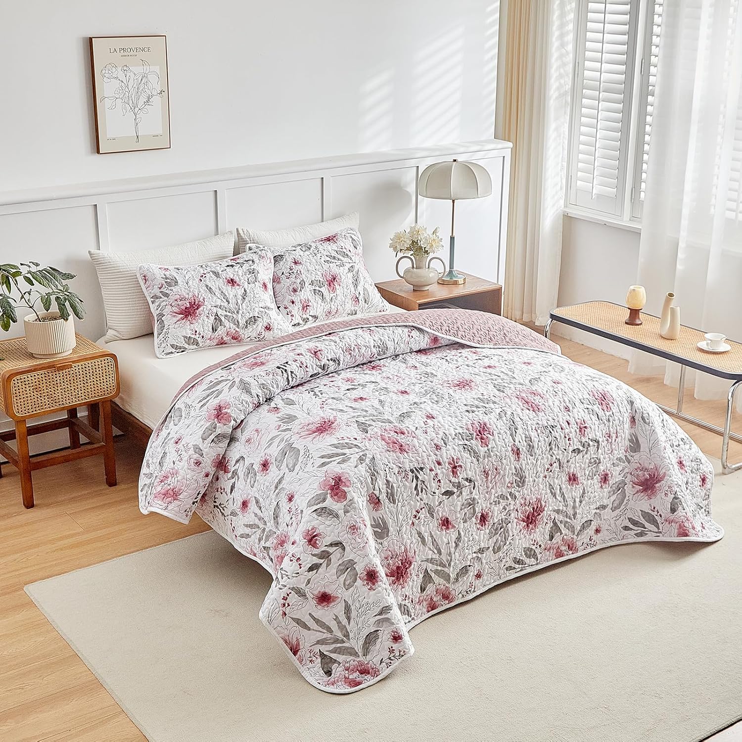 Flysheep Botanical Quilt Set 3 Piece Blush Pink Grey Flowers