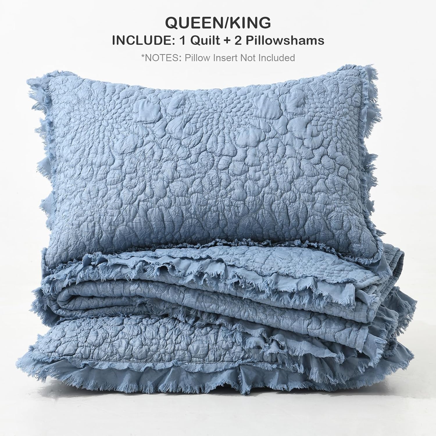 HORIMOTE HOME Blue Ruffled Quilt Set Queen Size 3 Piece