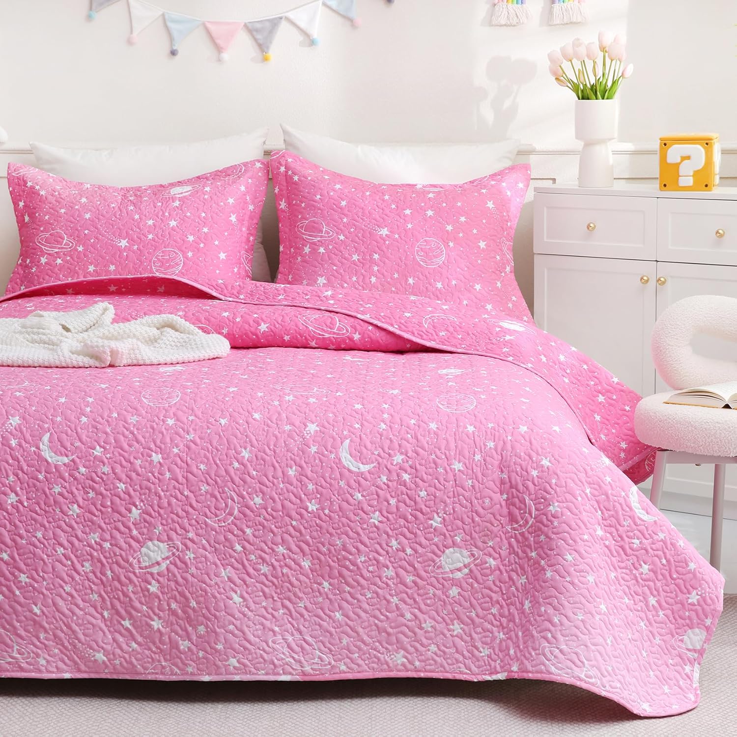 JSD Gradient Pink Stars Kids Quilt Set Full Queen Space Theme