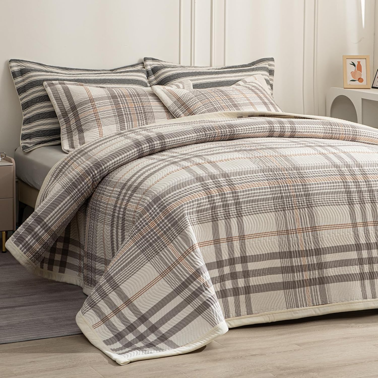 Tohrisa Cotton Plaid Quilt Set - 3 Piece King Size Reversible Bedding