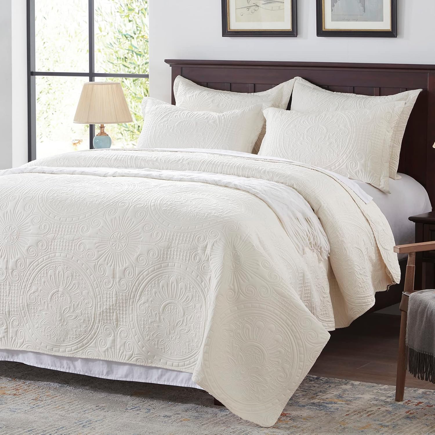 Anluoer Queen Size Quilt Set - Cream Embossed Microfiber Coverlet