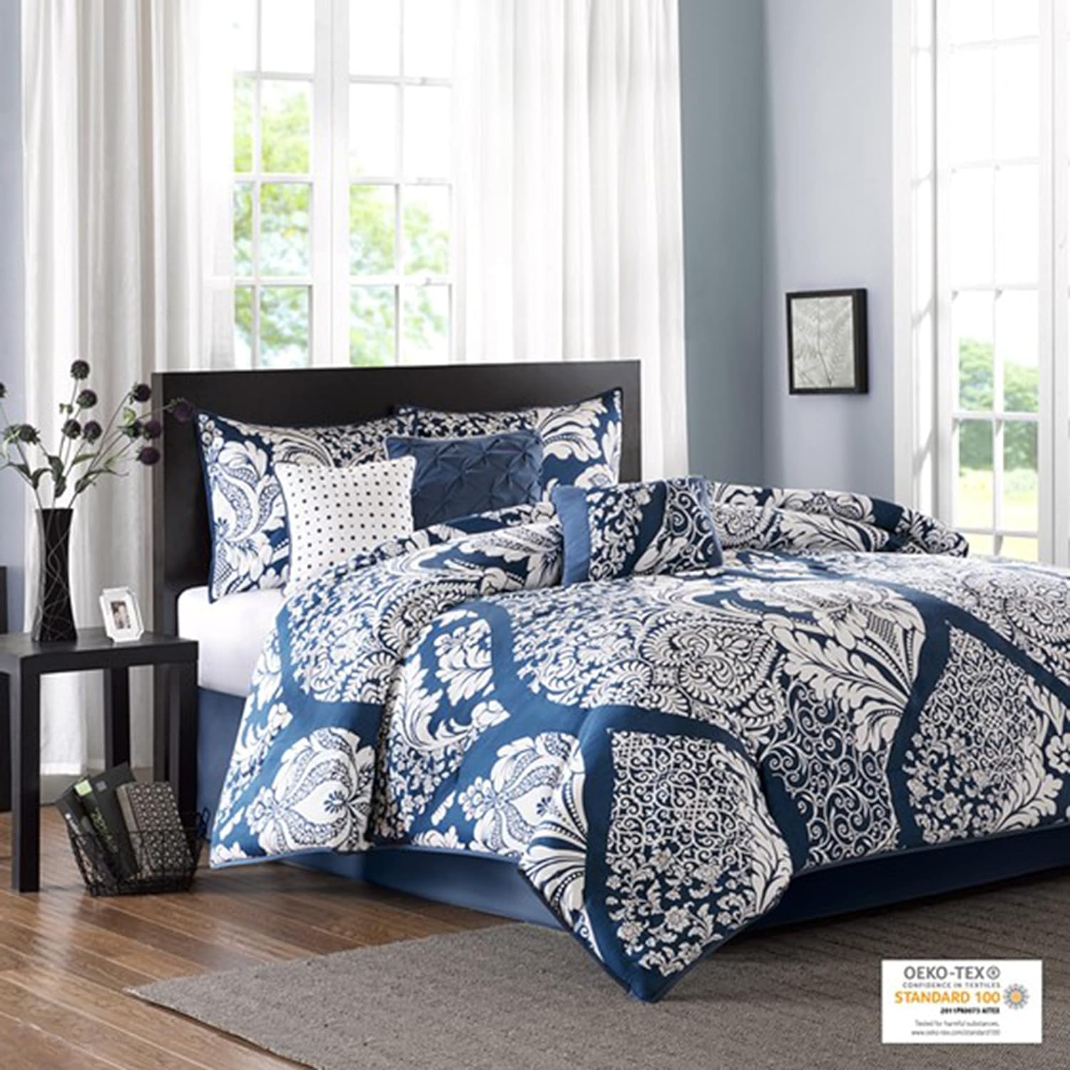 Madison Park Vienna Sateen Cotton Comforter Set Indigo 7 Piece