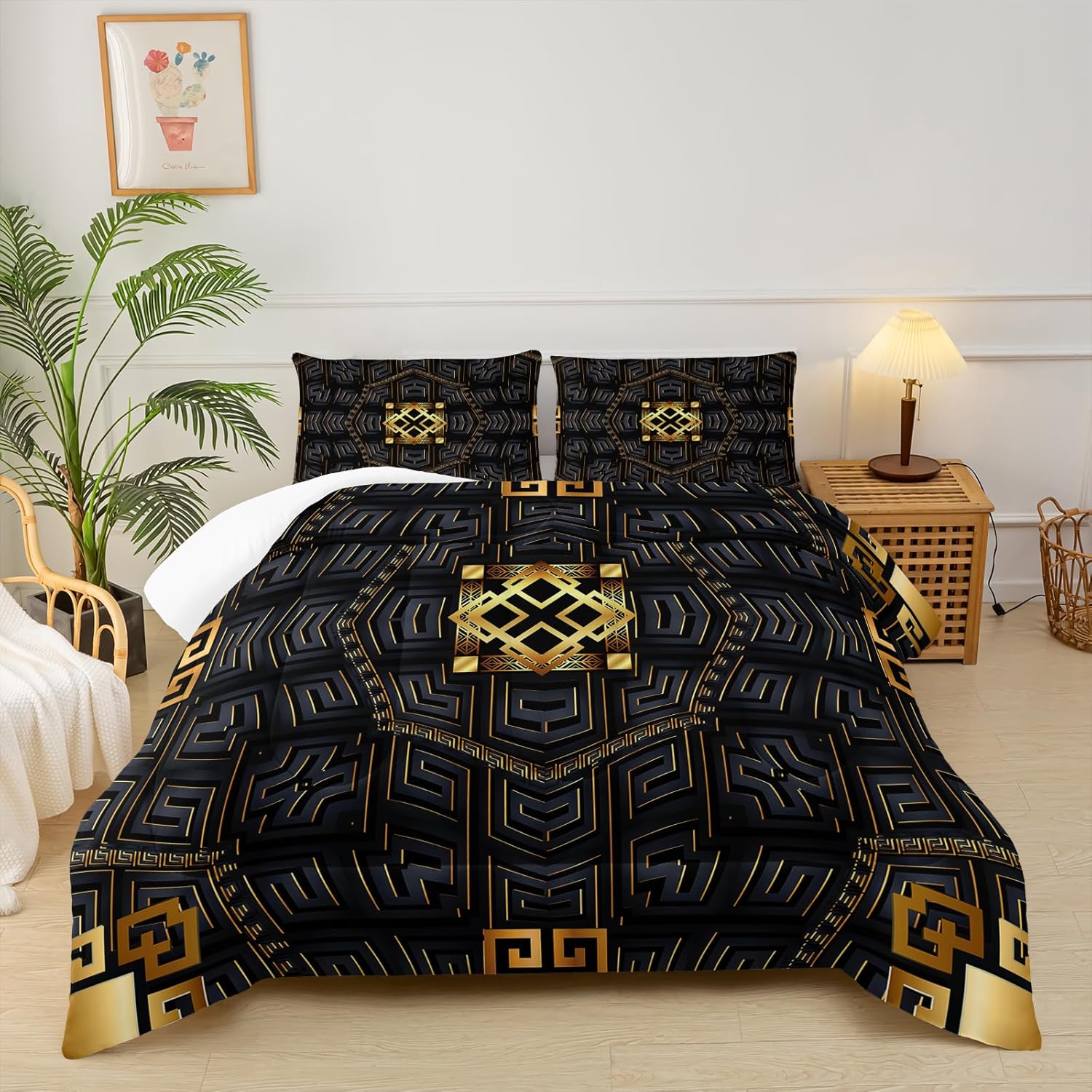 Black Gold Plaid Comforter Set Queen Size