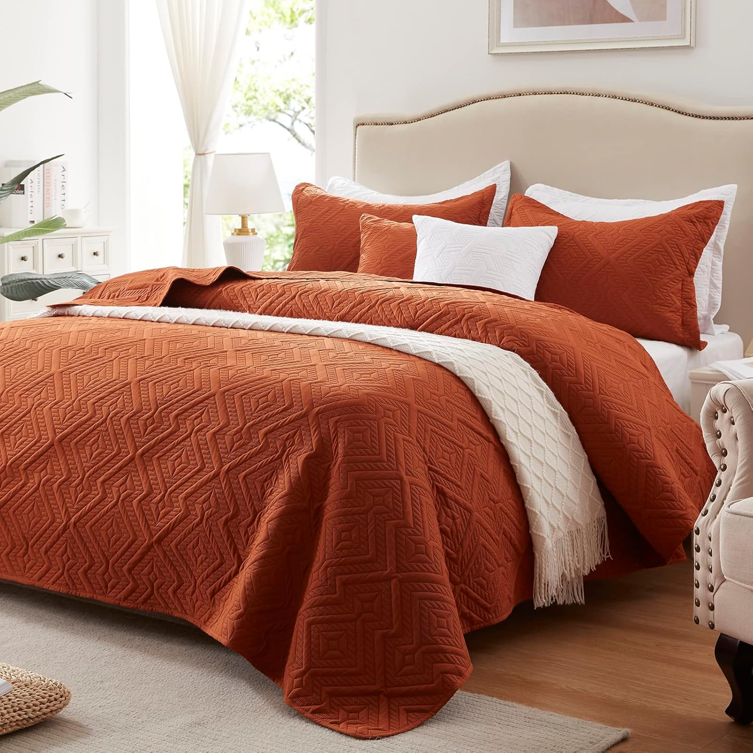 LEAONME Full Queen Quilt Set 3 Pieces Burnt Orange