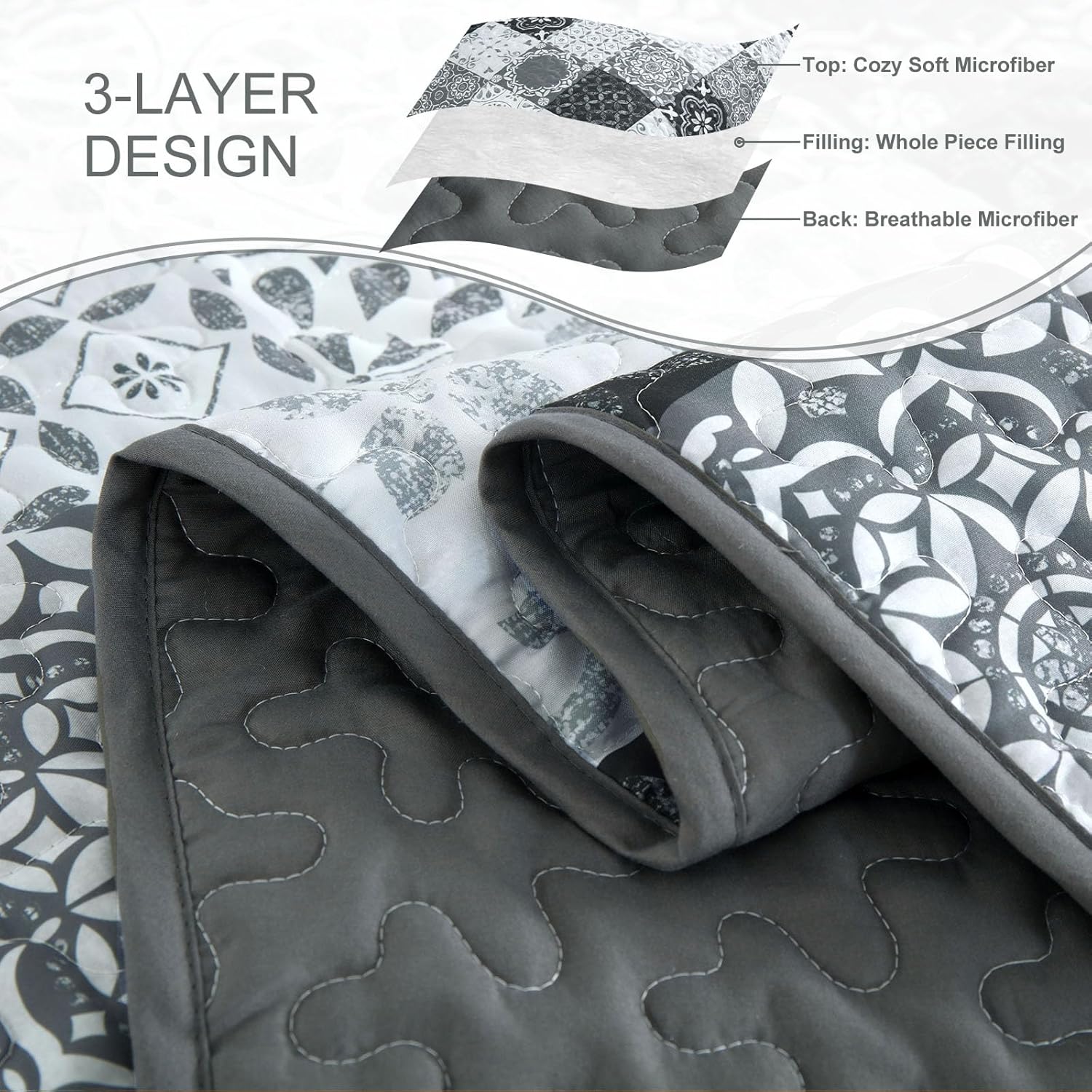 Dobuyly Grey Black Patchwork Quilt Set Queen Size