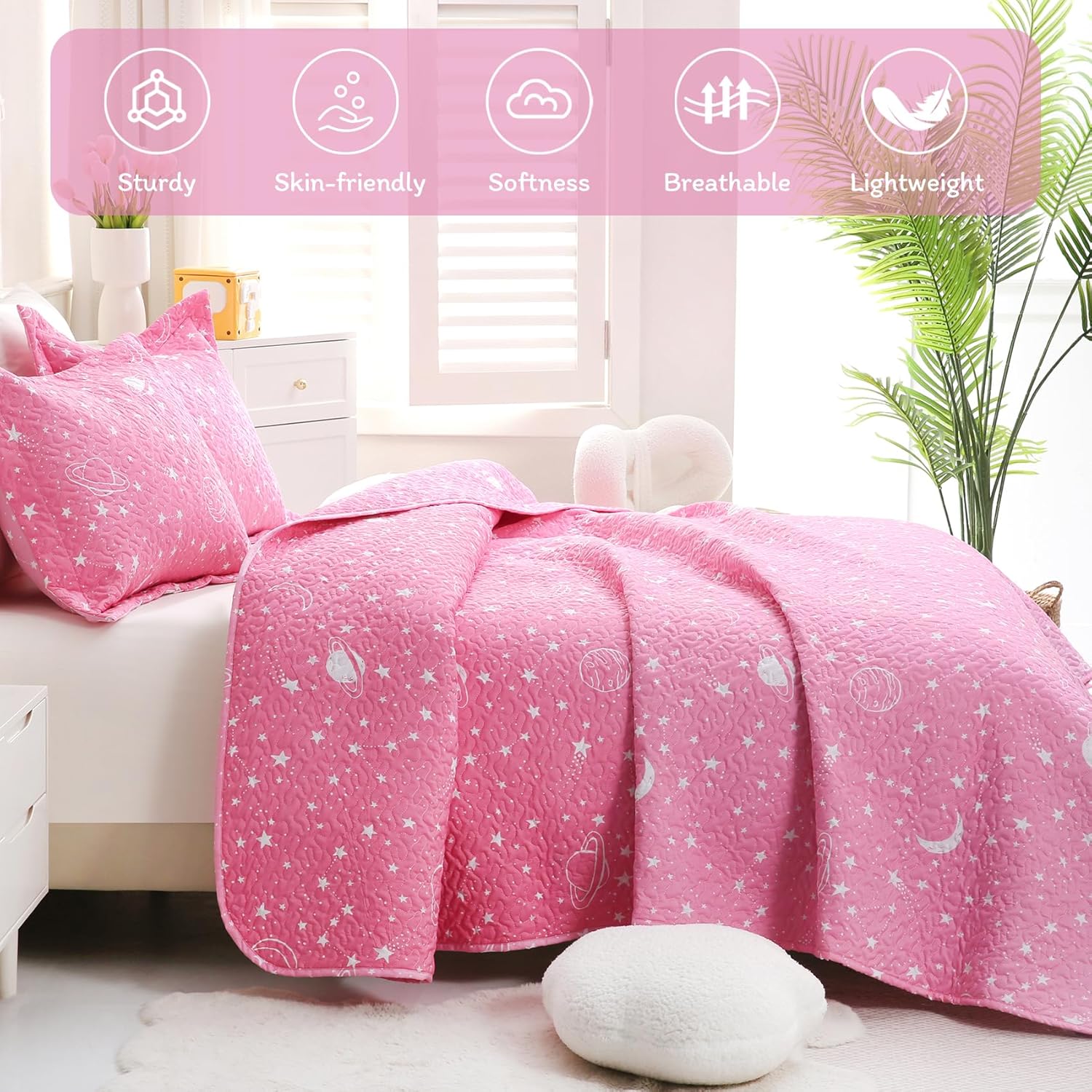 JSD Gradient Pink Stars Kids Quilt Set Full Queen Space Theme