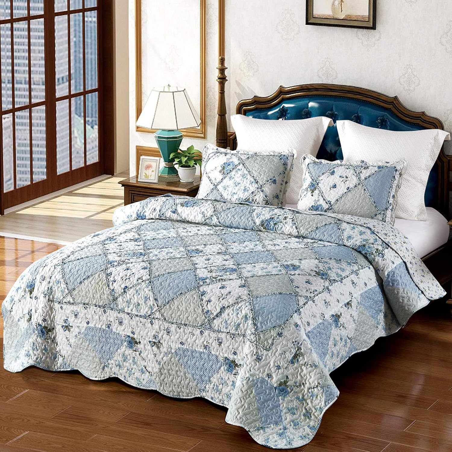 VIVILINEN Blue Floral Patchwork Quilt Set 3 Piece