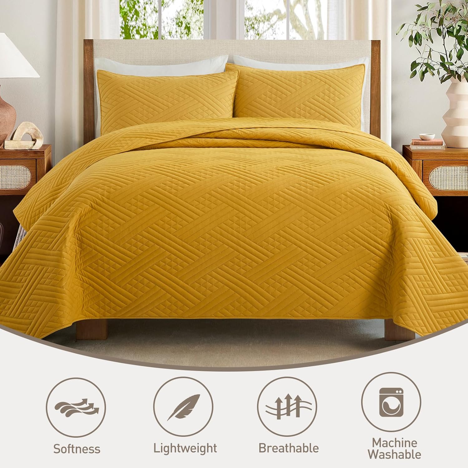 Safonory King Size Quilt Set - Mustard Yellow Striped