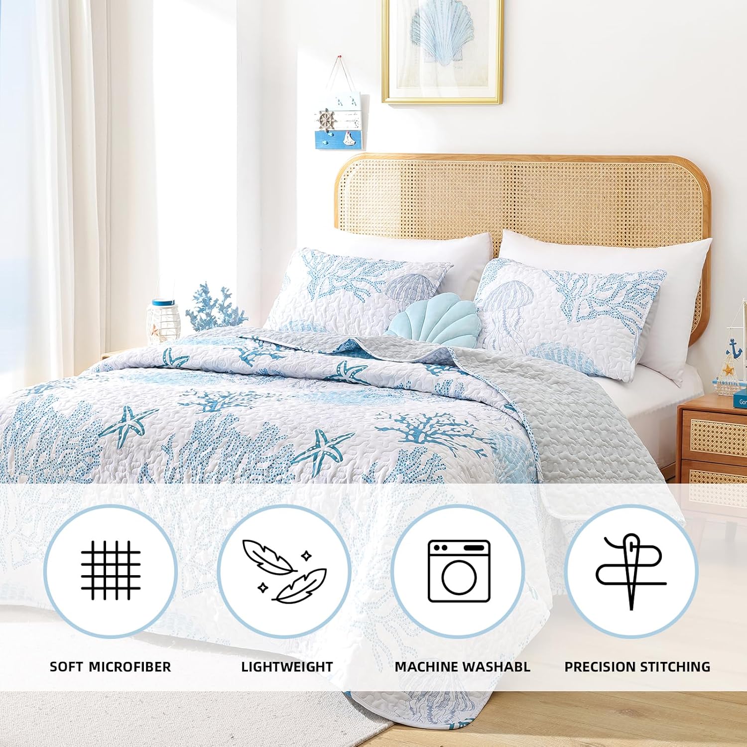 Weigelia Coastal Quilts Queen Bedding Set - Blue Nautical Comforter with Pillow Cases