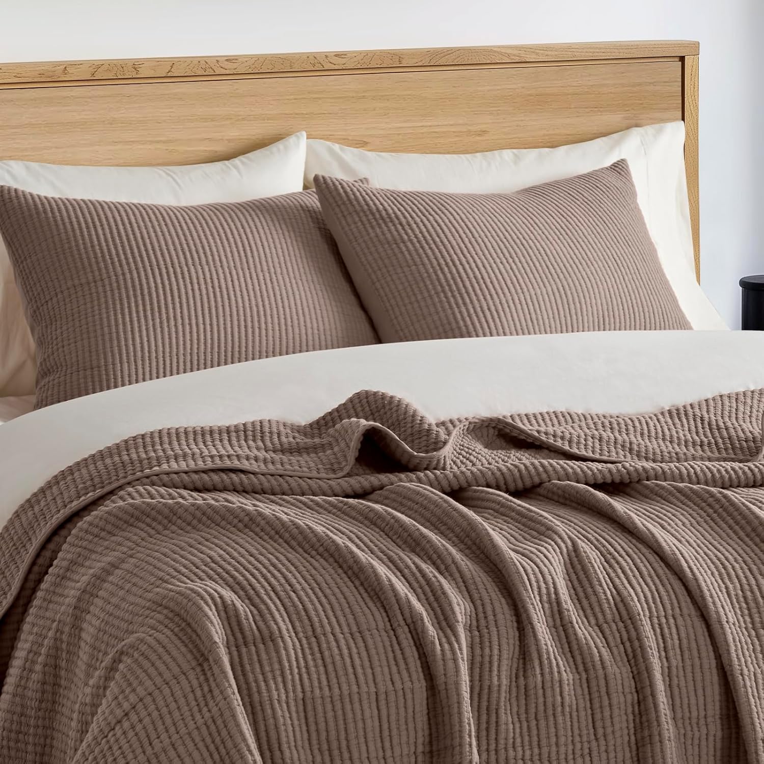 EVERGRACEHOME Cotton Coverlet Set Full Queen 3 Piece Mocha Brown