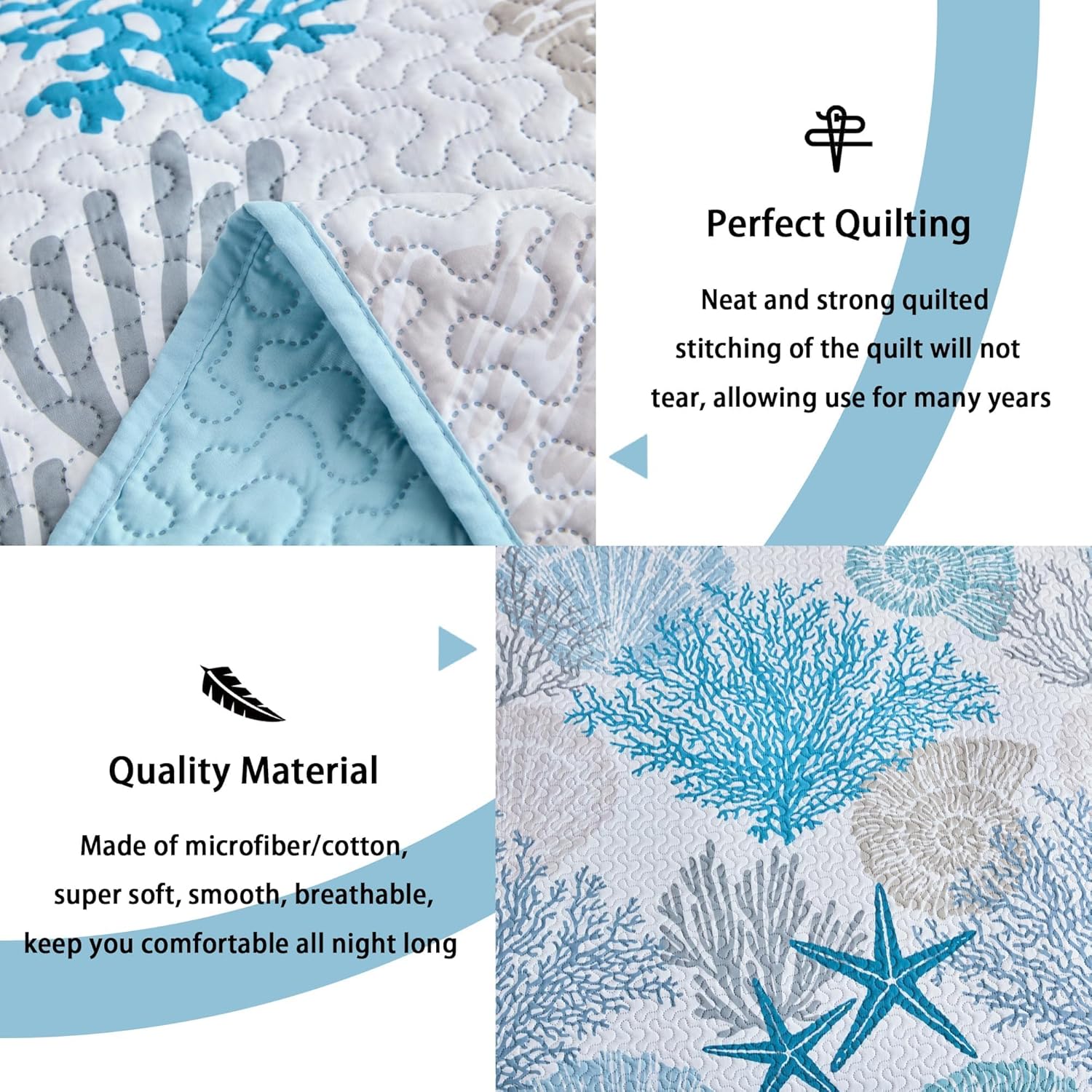 Tritard 3 Piece Coastal Quilt Set FullQueen - Reversible Microfiber with 2 Shams