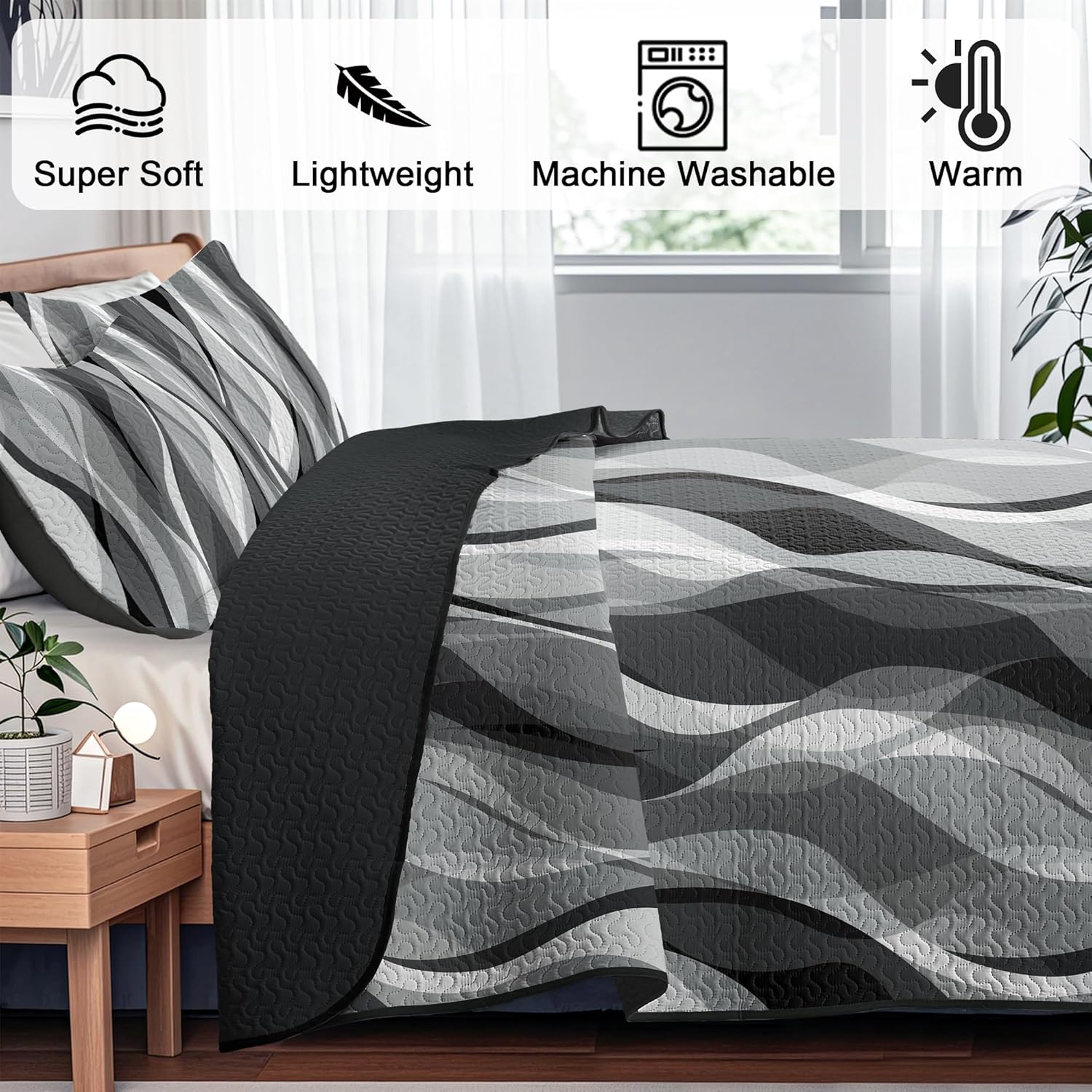 Weesire Modern Grey Black Stripe Quilt Set King Size
