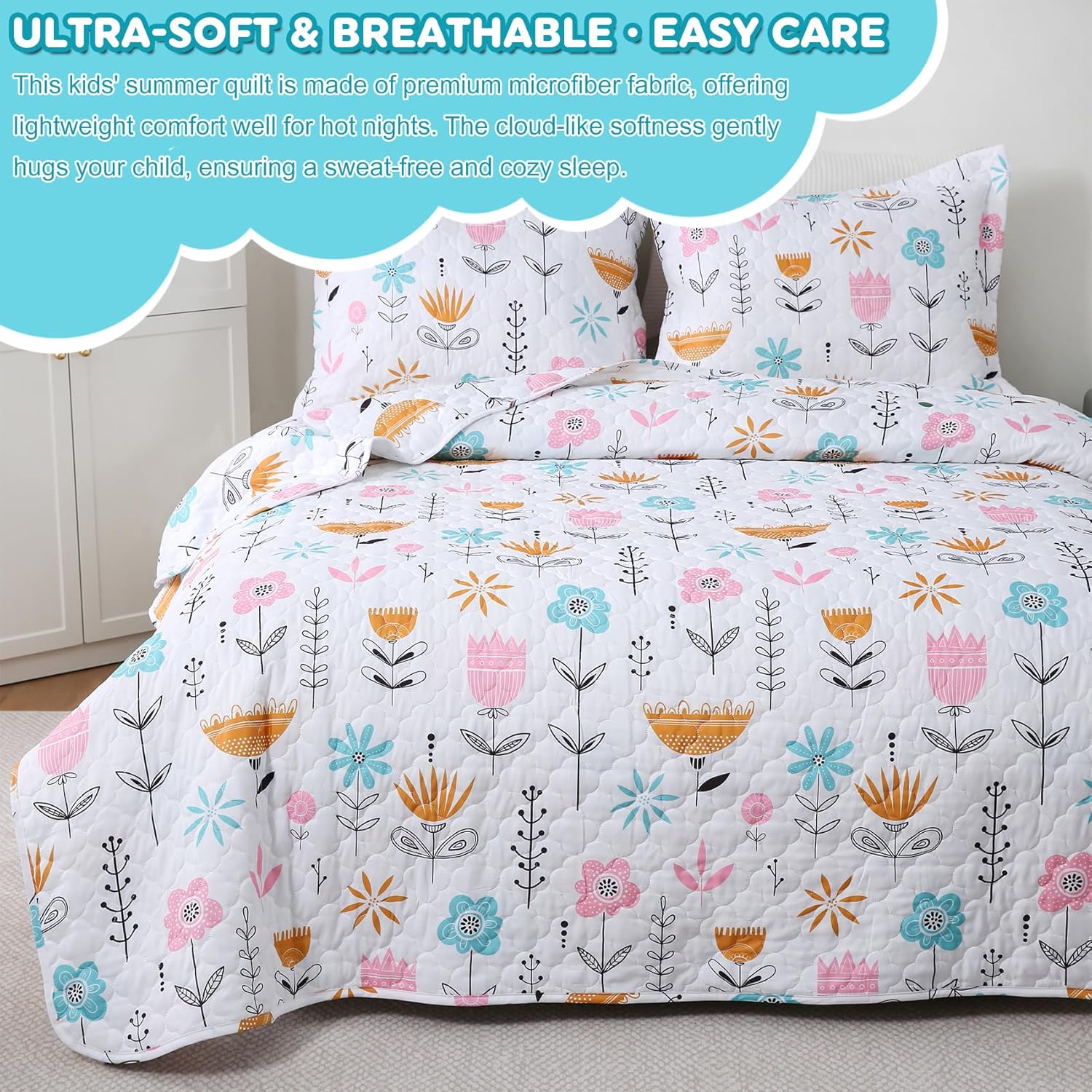 CIMVI Girls Pink Floral Quilt Set Full Size Kids Bedding