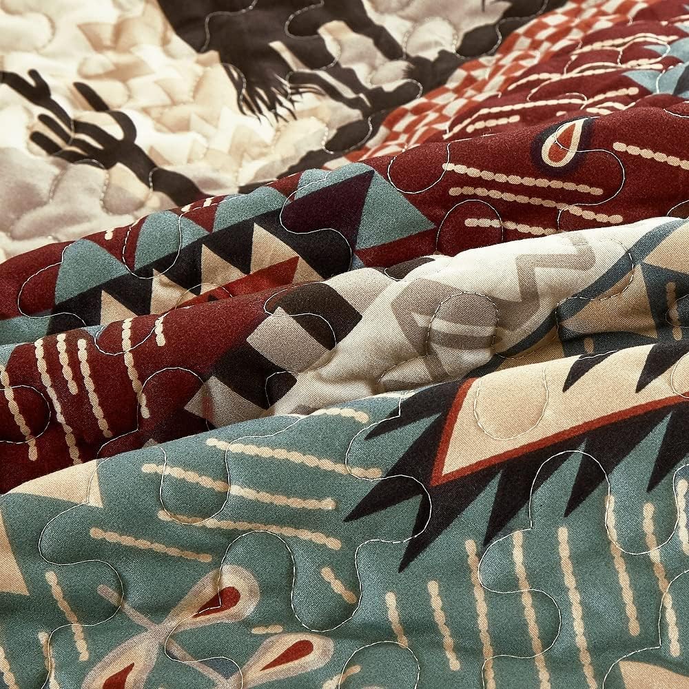 Jaba Western Teal Beige Burgundy Quilt Set - Queen