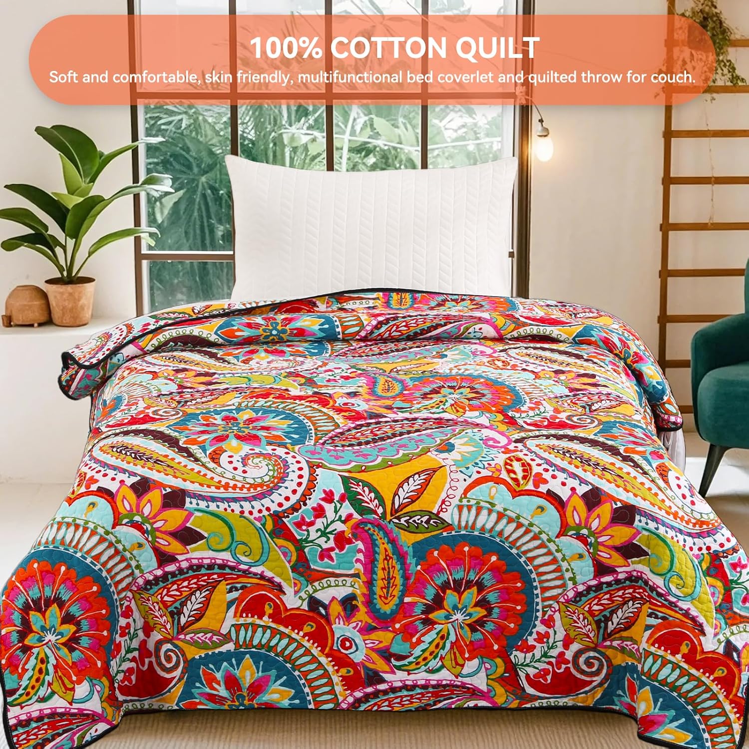 Qucover Reversible Paisley Throw Blanket 59x79 Cotton Quilt