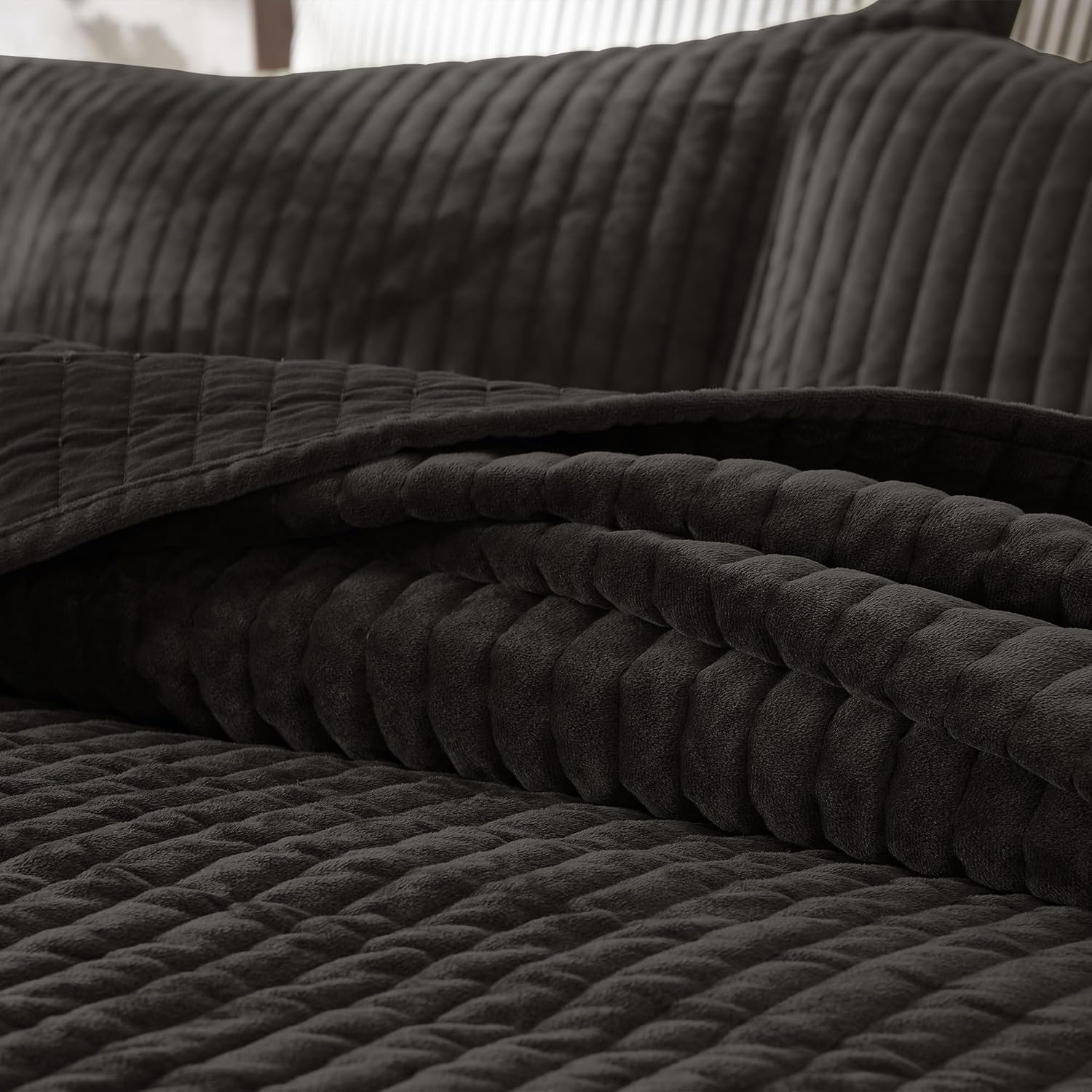 SHALALA Velvet Quilt King Size Set Dark Brown 3-Piece