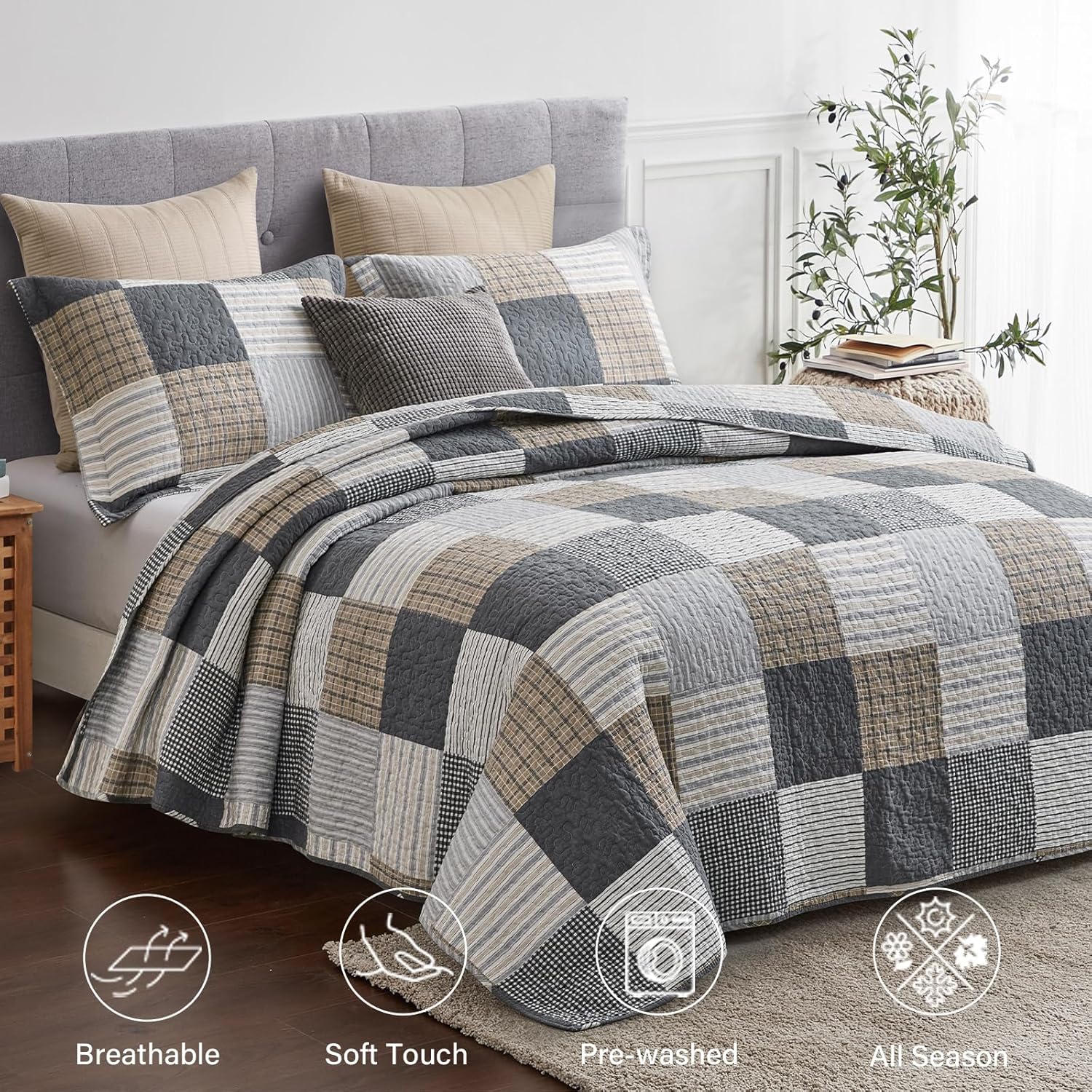 Finlonte Quilt Set Queen Size - 100 Cotton Plaid Bedspread