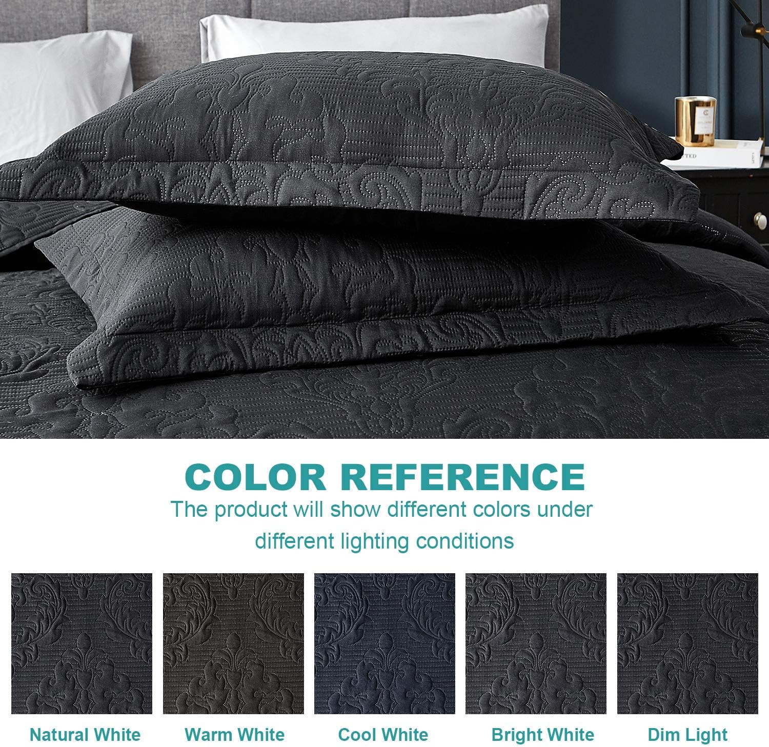 Hansleep Black Quilt Queen Set - 3 Piece Damask Ultra Soft Coverlet Bedding