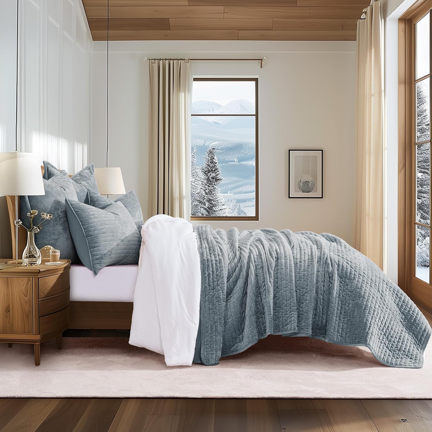 EVERGRACE Velvet Quilt Set - Dusty Blue King Size