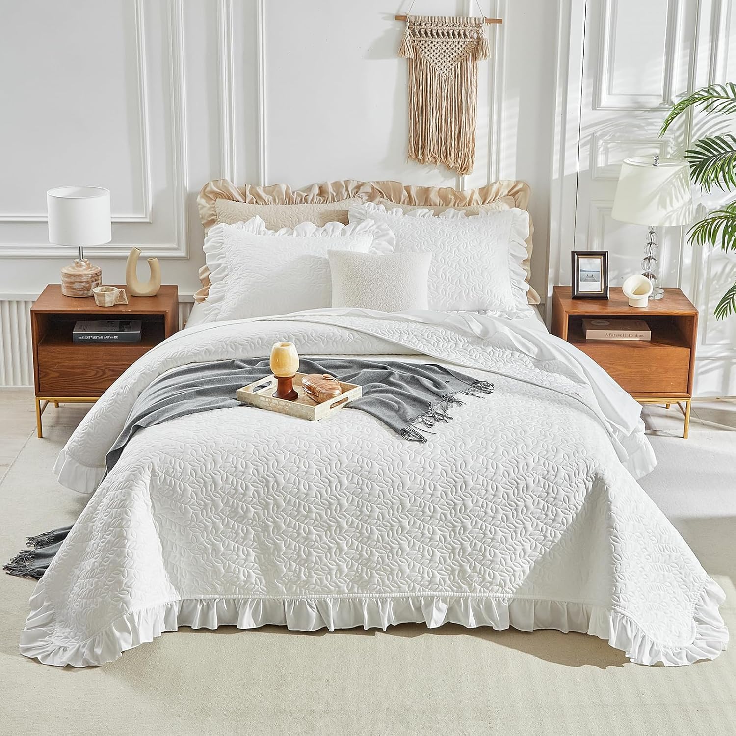 UOZZI BEDDING Ruffled Quilt Set California King Size 3PC