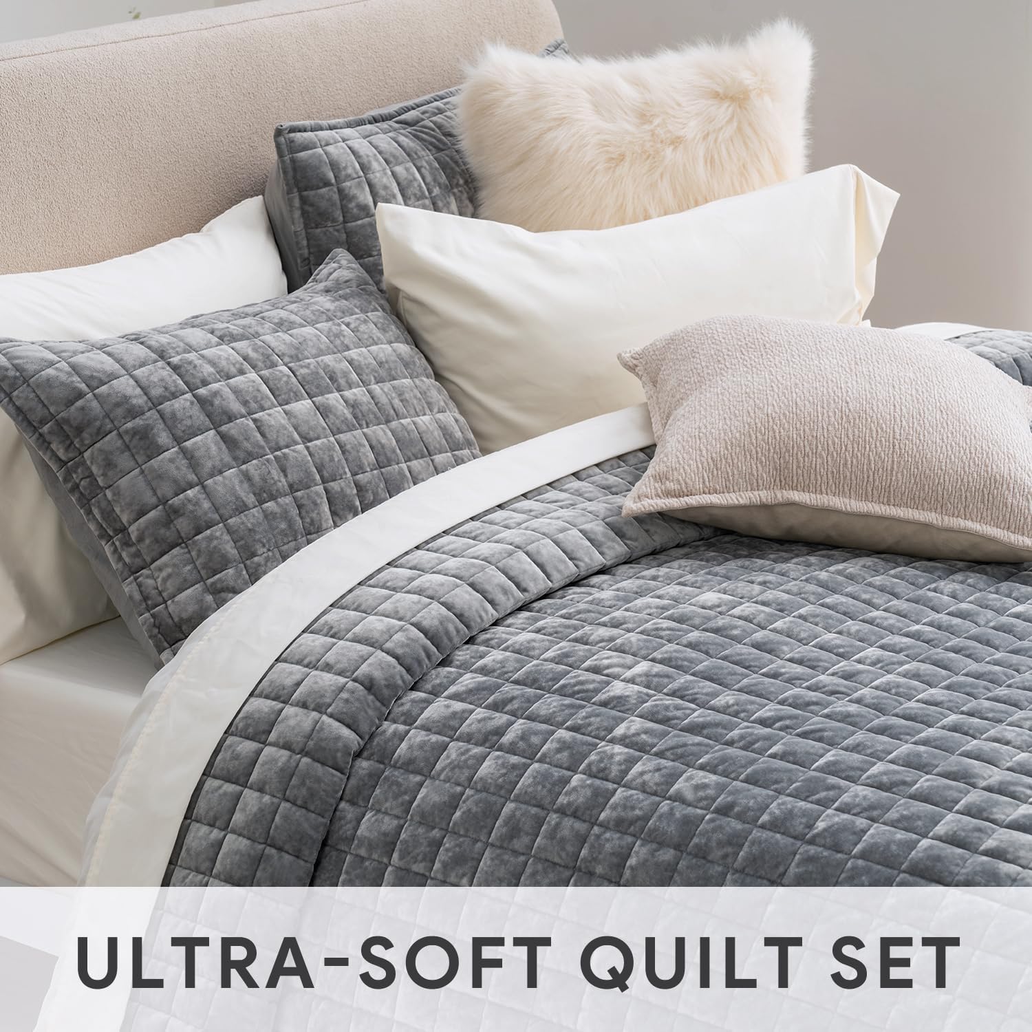 RECYCO Luxury Velvet Quilt Set Twin Size Gray