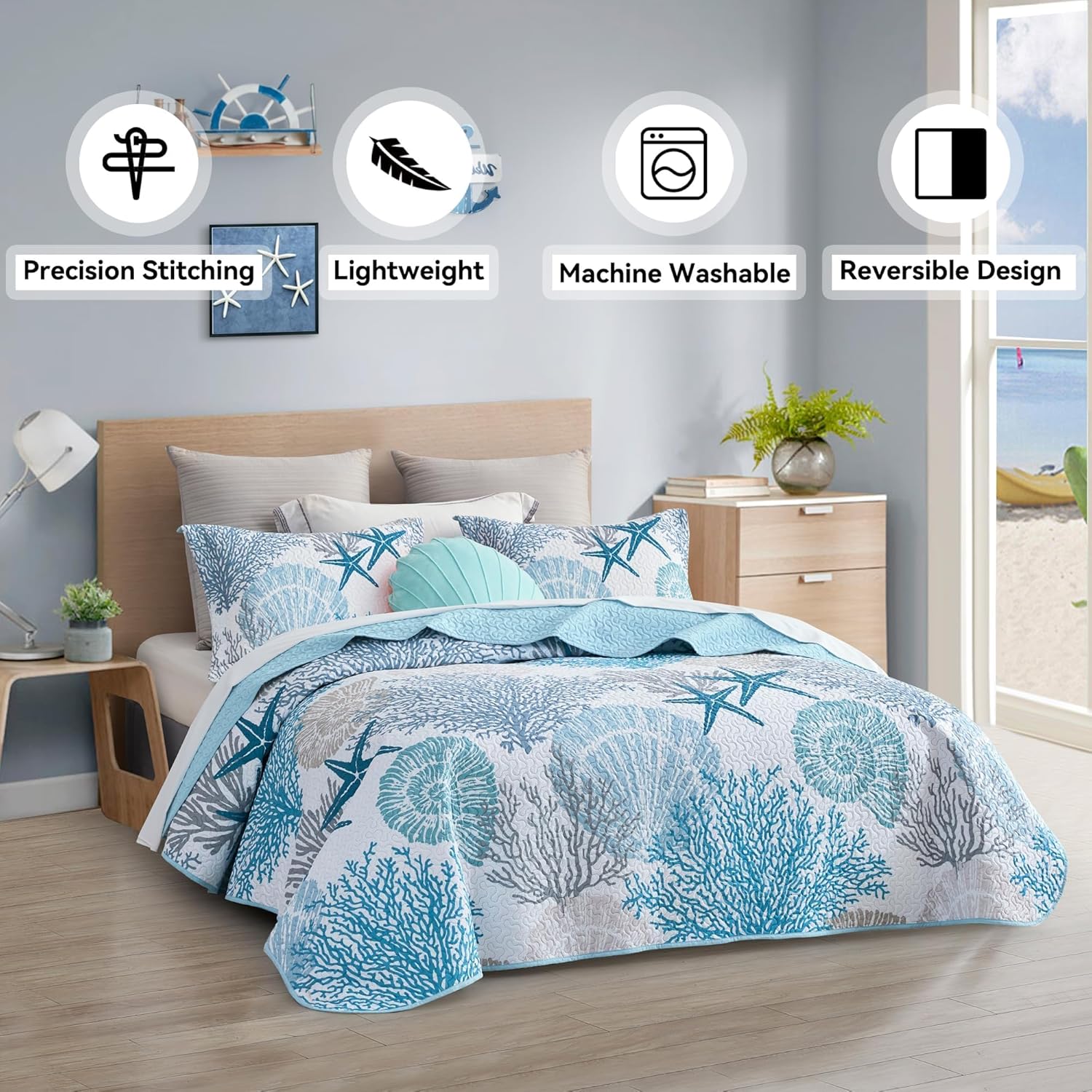 Tritard 3 Piece Coastal Quilt Set FullQueen - Reversible Microfiber with 2 Shams