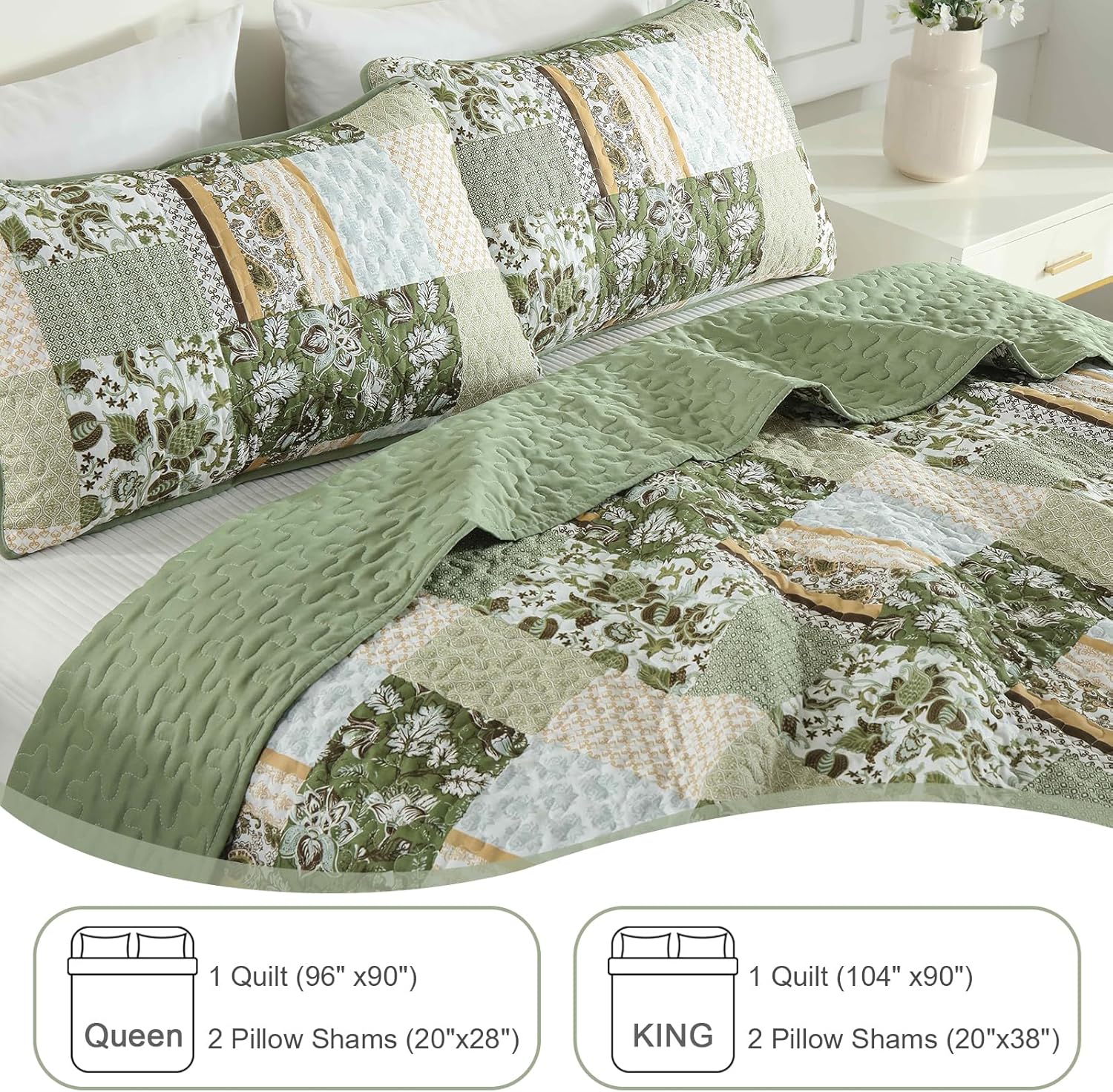 WONGS BEDDING 3-Piece Queen Quilt Set Green Plaid