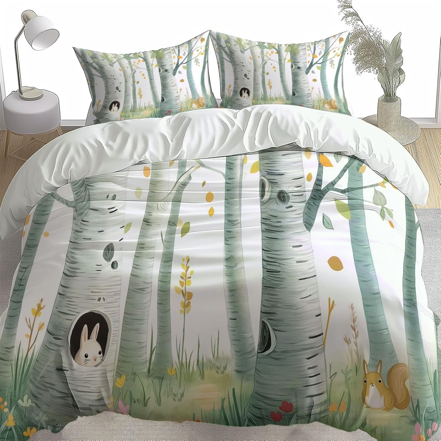 Cartoon Forest Birch Trees Duvet Cover Set