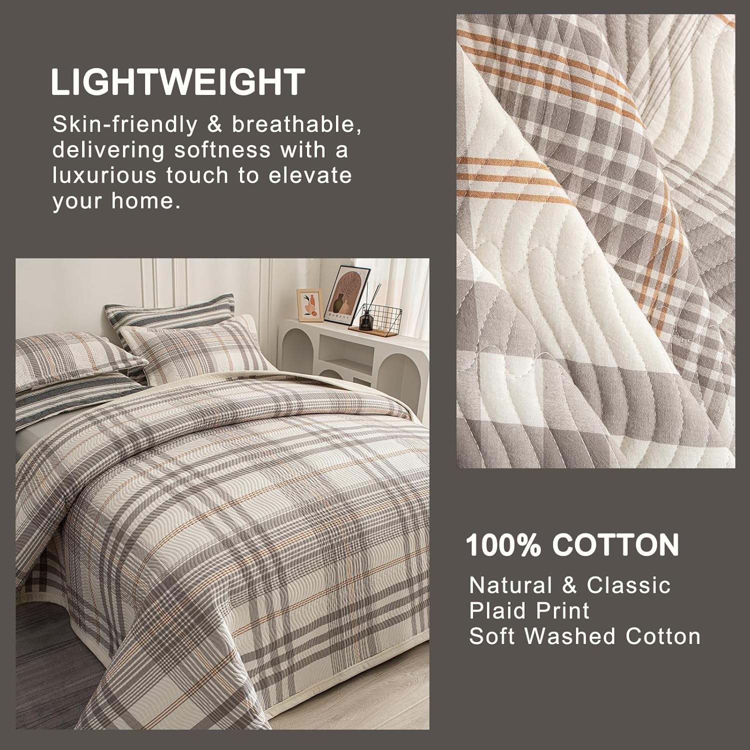 Tohrisa Cotton Plaid Quilt Set - 3 Piece King Size Reversible Bedding