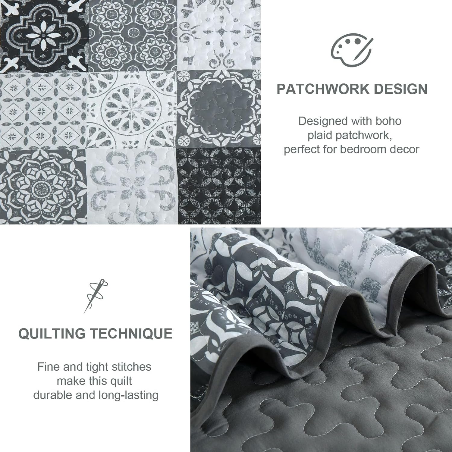 Dobuyly Grey Black Patchwork Quilt Set Queen Size