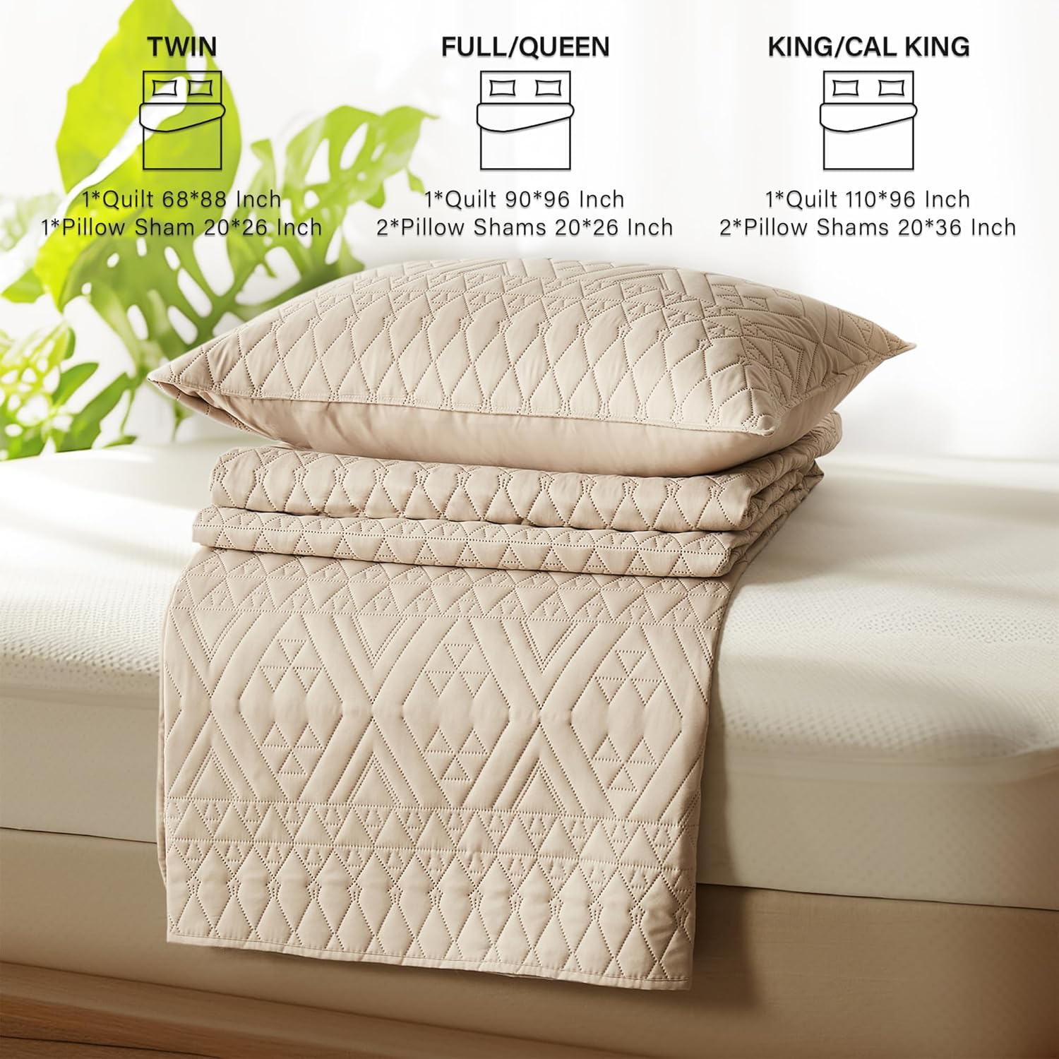 akkialla KingCal King Quilt Bedding Set - Beige Microfiber Geometric Pattern