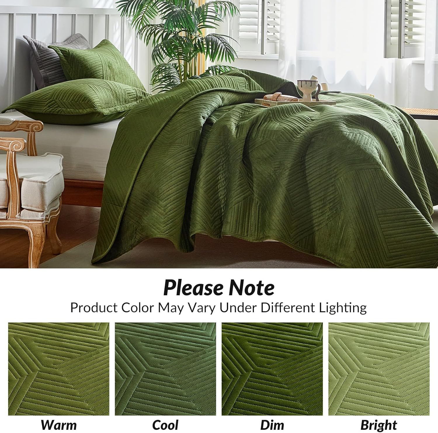 WARMDERN Velvet Quilt Set King Size Green Geometric Striped Pattern