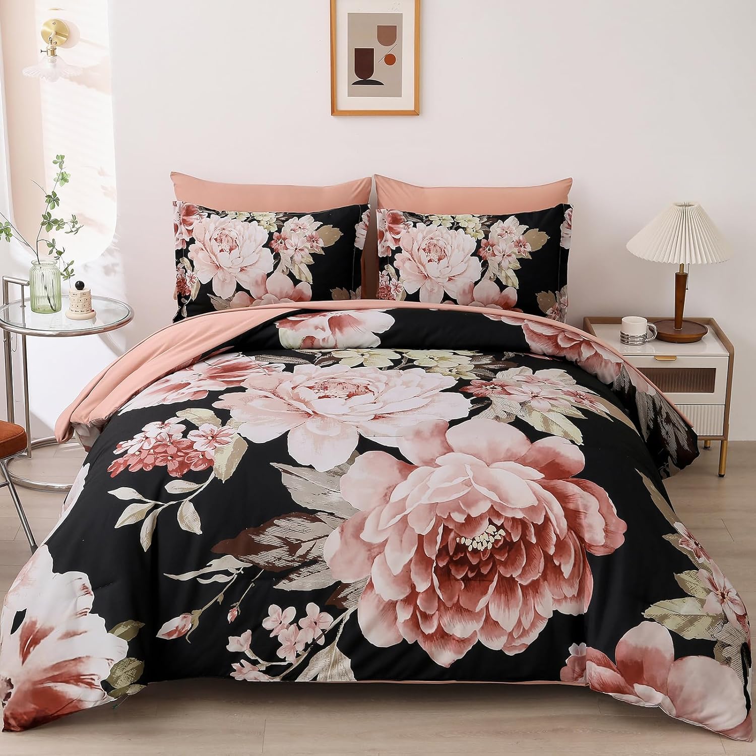 Dintszyayue 7-Piece King Comforter Set with Pink Floral Pattern