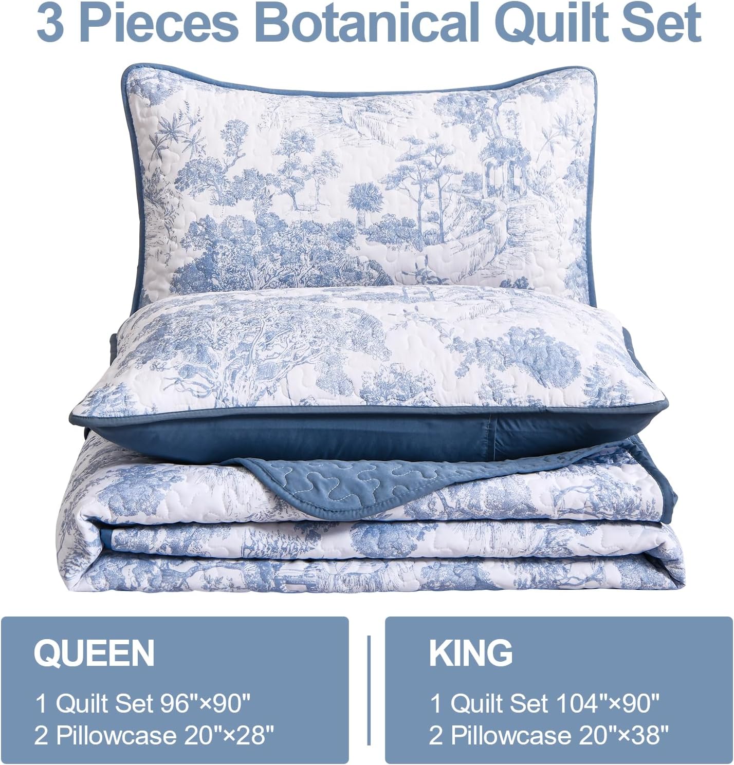 WONGS BEDDING King Size Blue Quilt Set 3 pcs