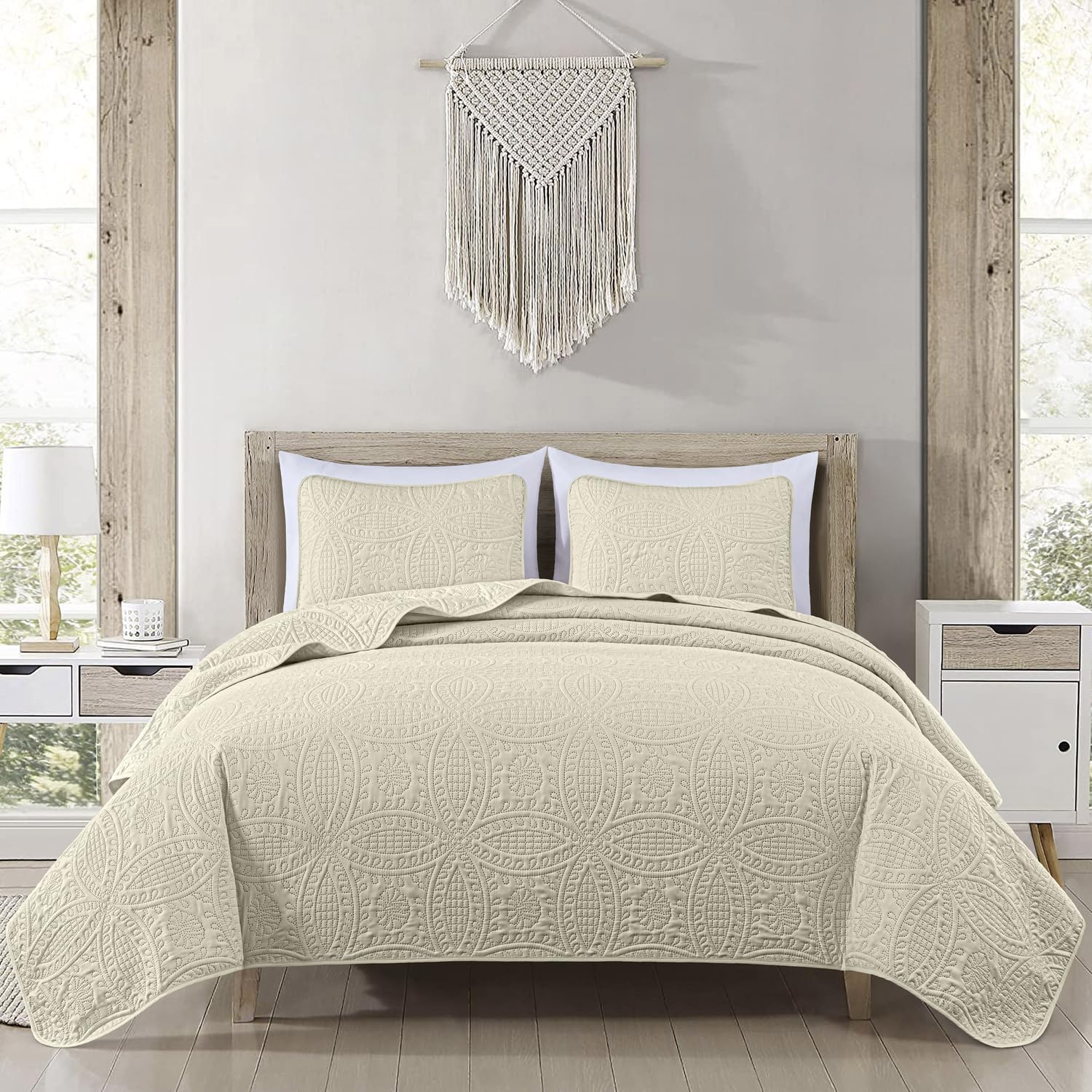 Chezmoi Austin 3-Piece Oversized Bedspread Set Queen Ivory