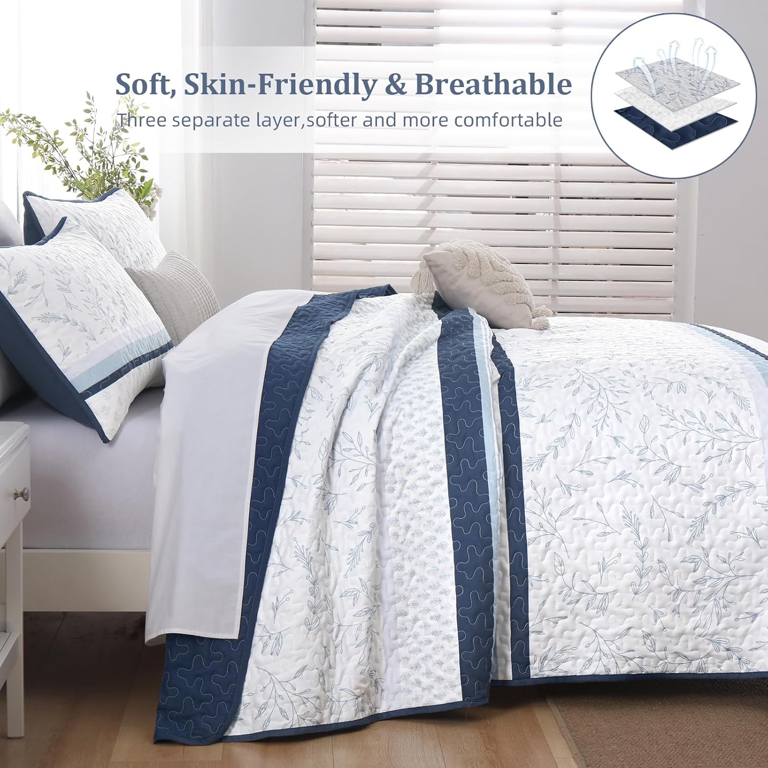 DJY Striped Quilt Set Queen Size Navy Blue
