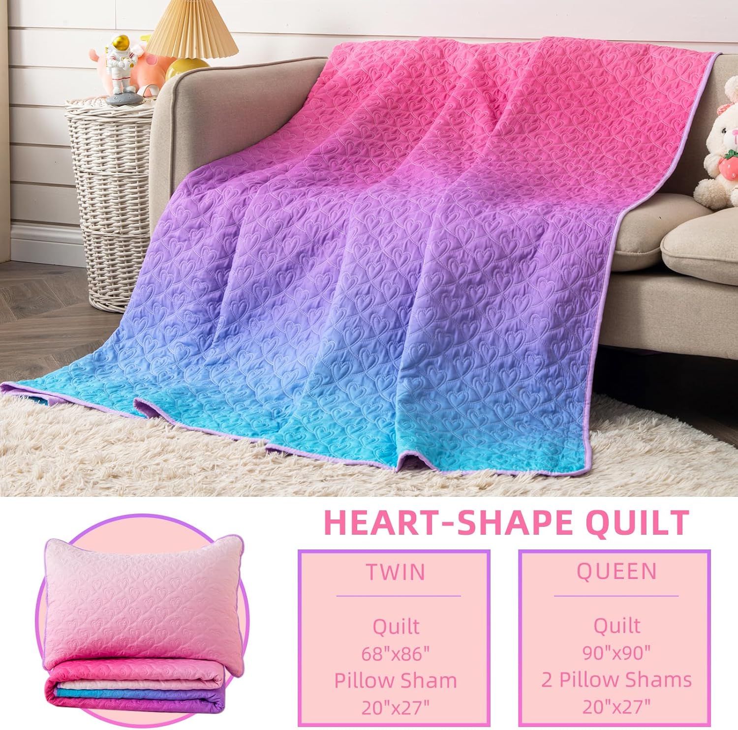 Suchbed Pink Heart-Shaped Quilt Set Twin Size