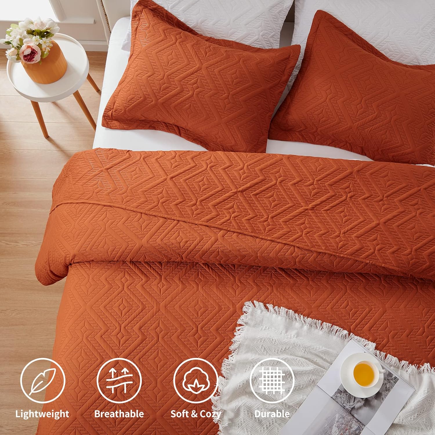 LEAONME Full Queen Quilt Set 3 Pieces Burnt Orange