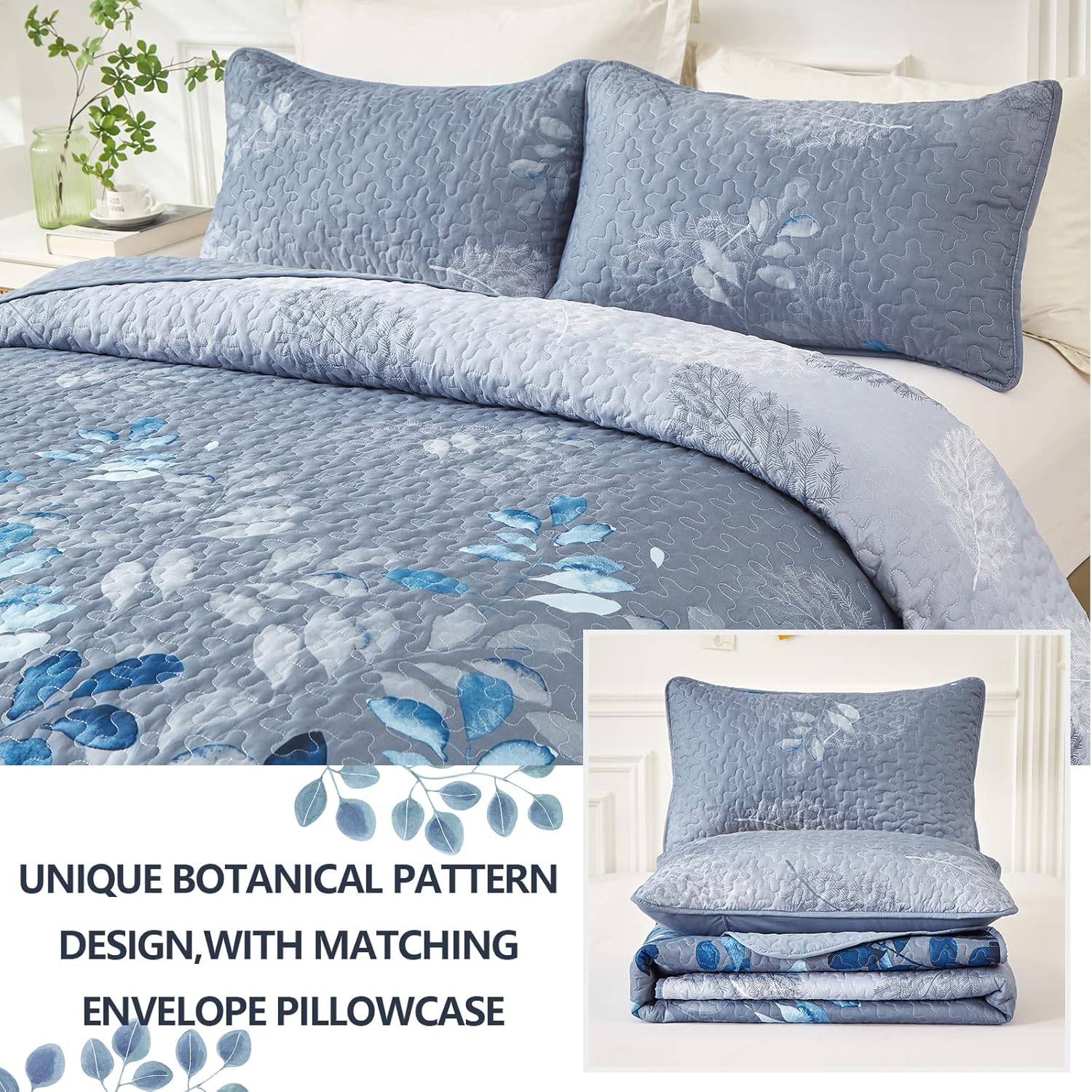 WONGS BEDDING Blue Floral Quilt Set King Size 3 Pieces