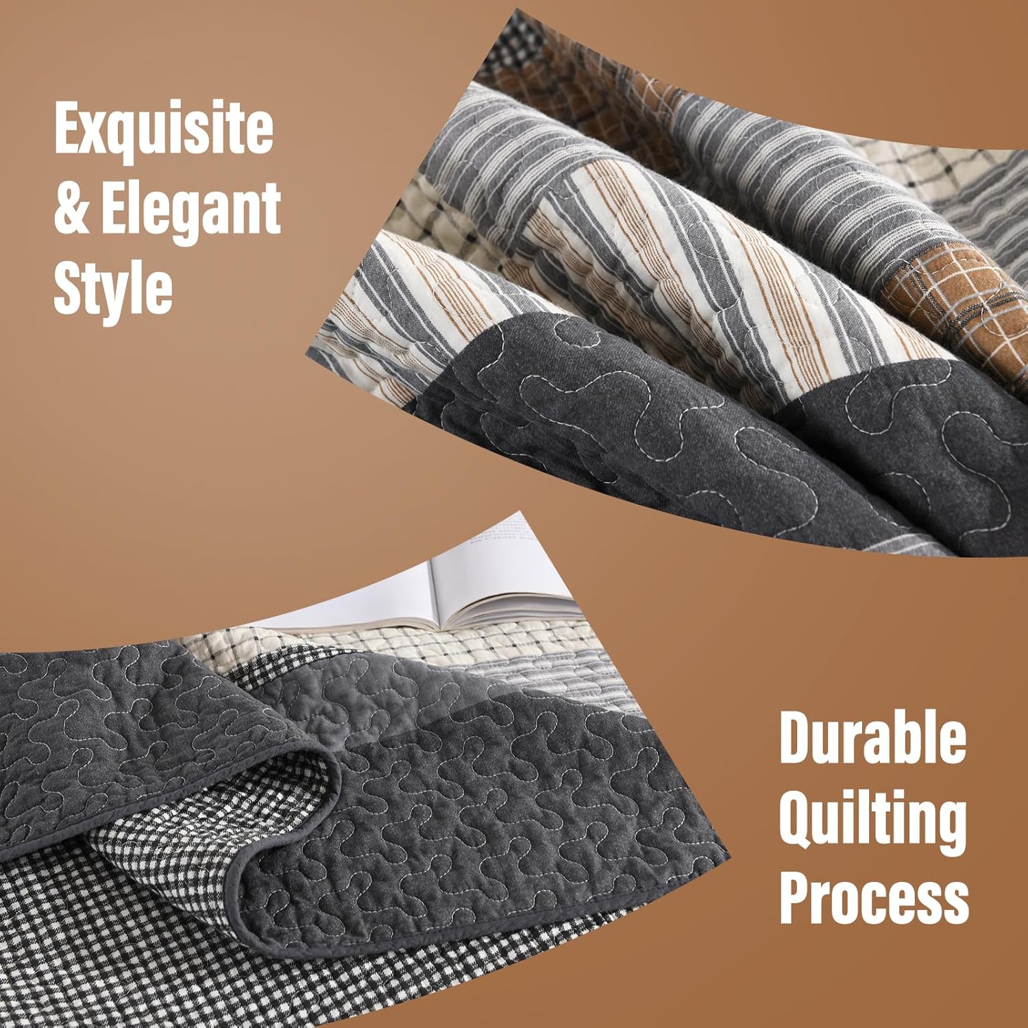 Soforpring 100 Cotton Cal King Bedspread Set - 120x120 Gray Farmhouse Plaid 3pcs