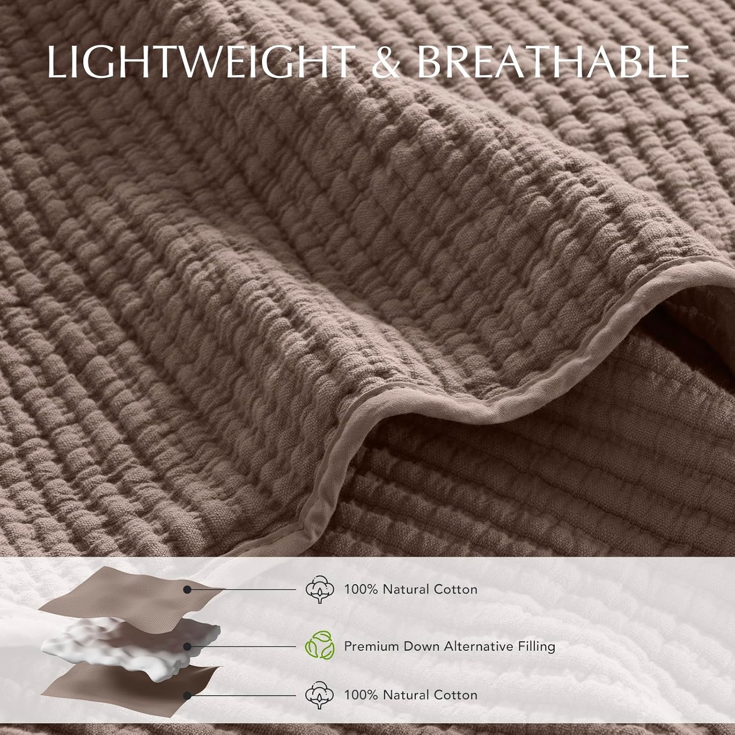 EVERGRACEHOME Cotton Coverlet Set Full Queen 3 Piece Mocha Brown