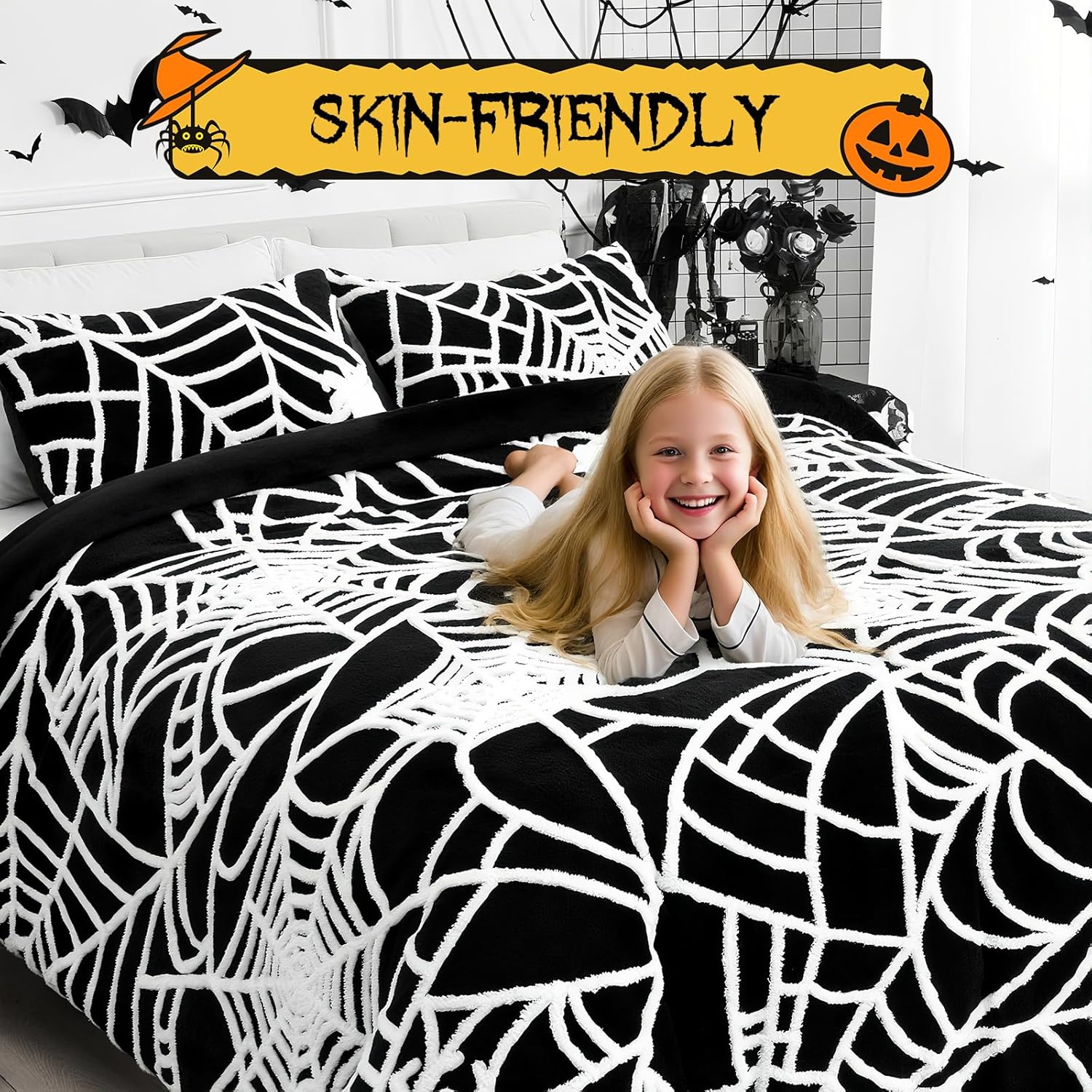 Yinhua Halloween Queen Comforter Set with Spider Web Design